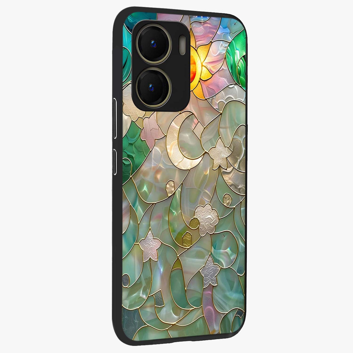 Stained Sunrise Glow Glass Case upright view showcasing colorful sunrise artwork with warm morning theme.