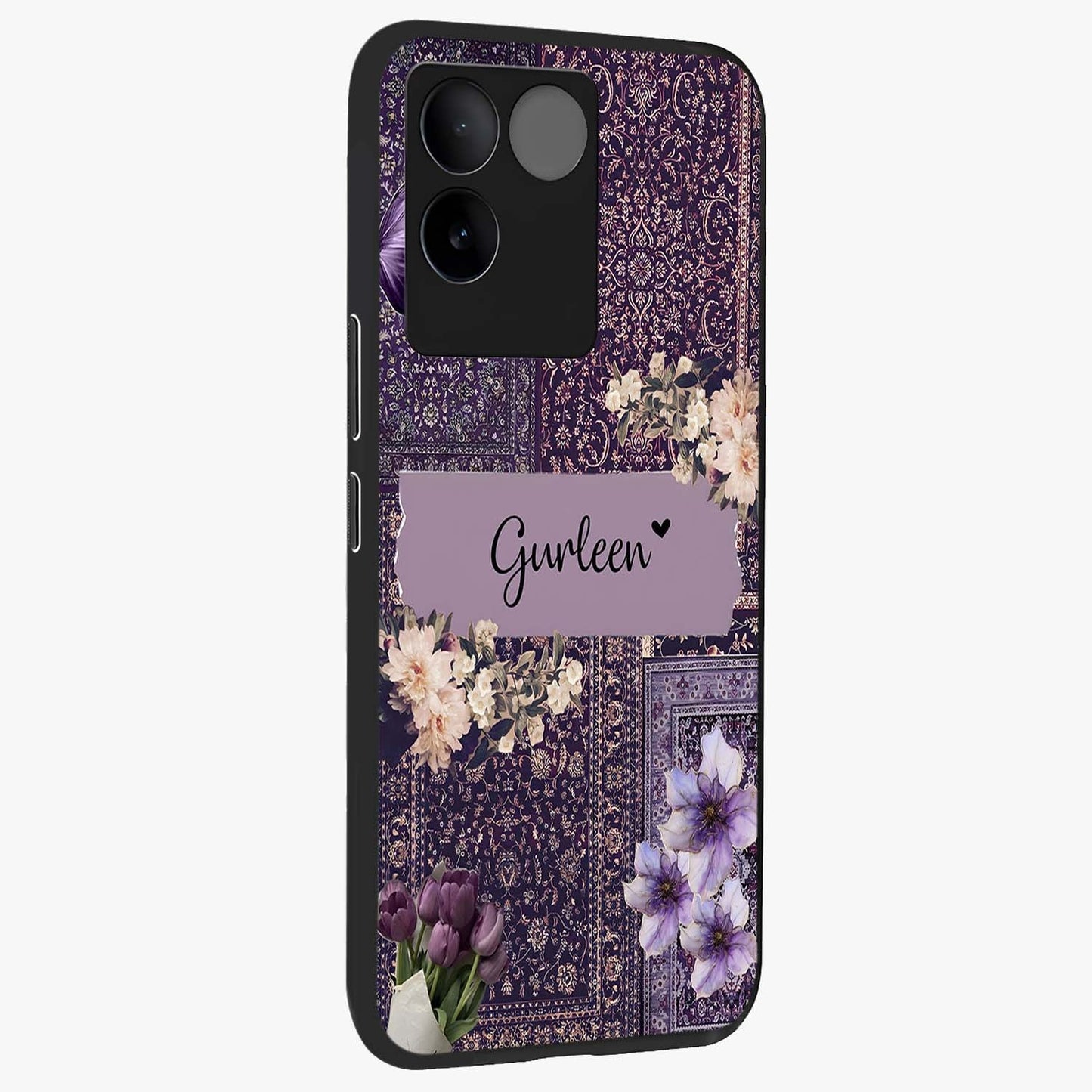 Antique Floral Whisper Custom Name Glass Case upright view showcasing delicate floral artwork with custom name feature.