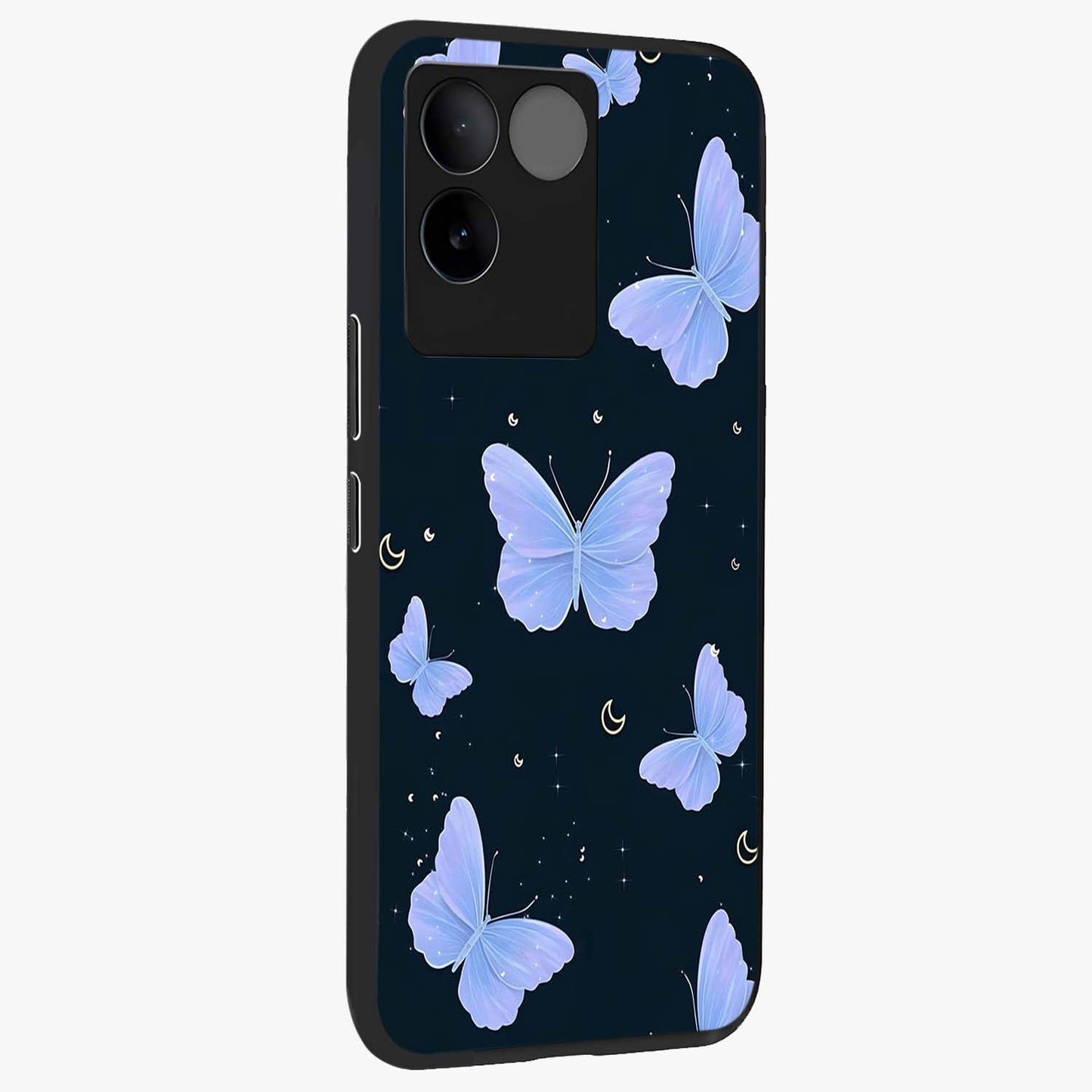 Butterfly With Stars Pattern Glass Case upright view showcasing celestial butterfly artwork with sparkling star elements.