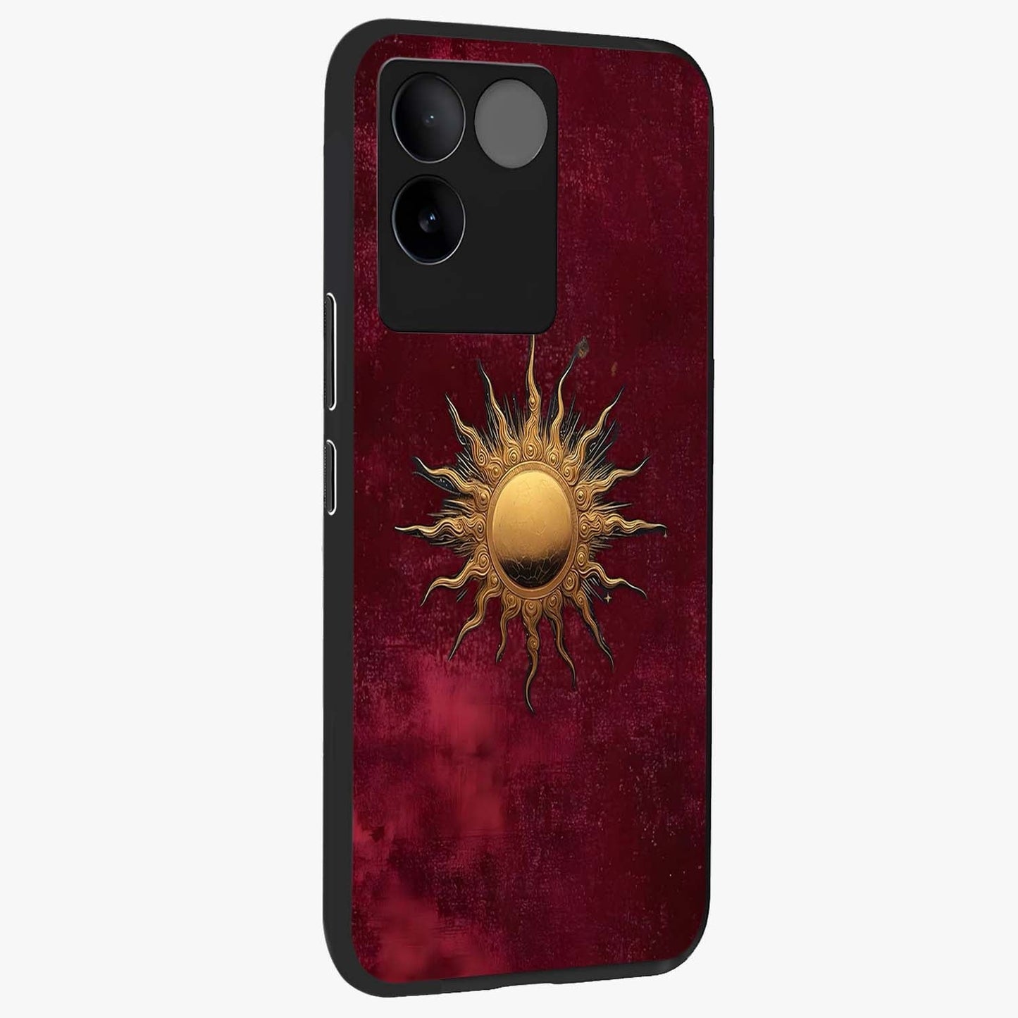 Golden Sun Minimalism Glass Case upright view showcasing simple golden sun artwork with elegant minimalist style.