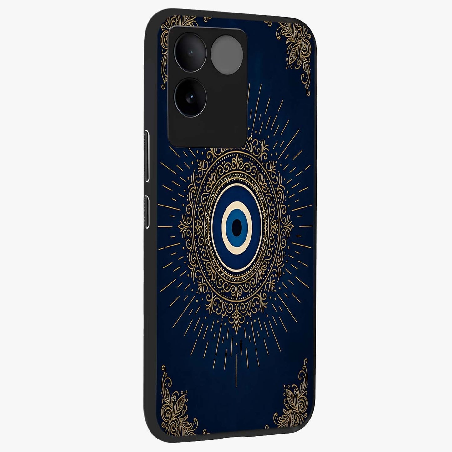 Golden Celestial Charm Glass Case upright view showcasing radiant celestial artwork with elegant golden theme.