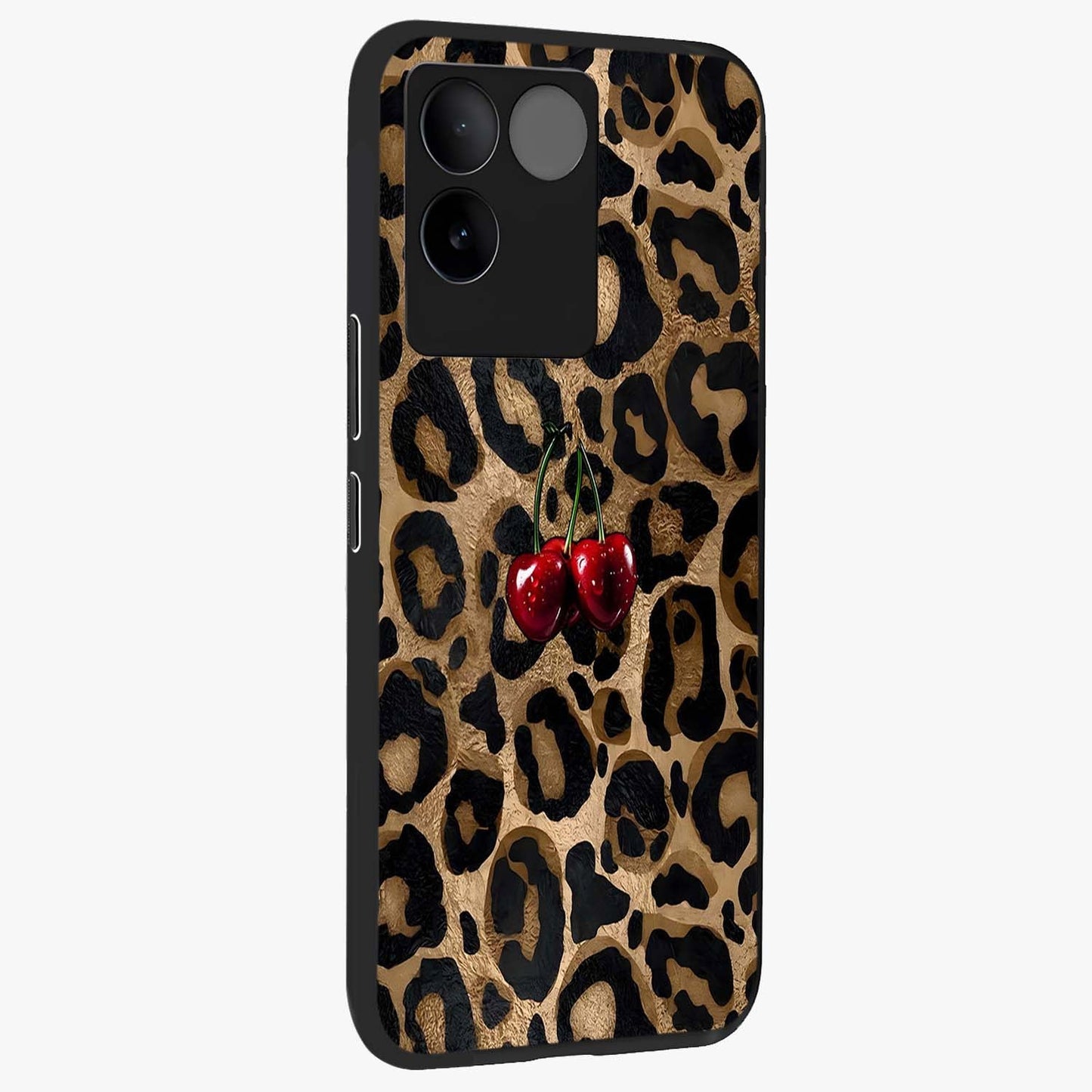 Leopard Wild Cherry Glass Case upright view showcasing stylish leopard pattern artwork with trendy fashion theme.