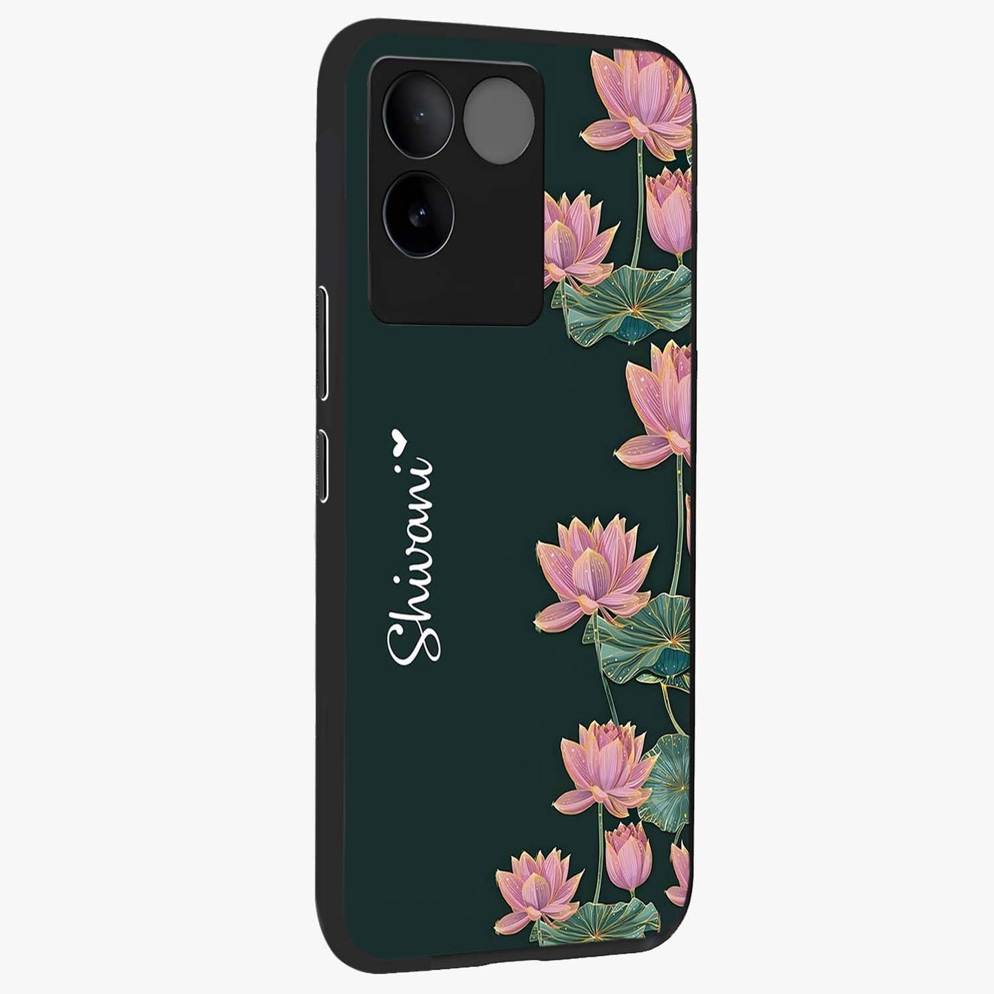 Lotus Bloom Serenity Custom Name Glass Case upright view showcasing serene lotus bloom artwork with personalized floral aesthetic.