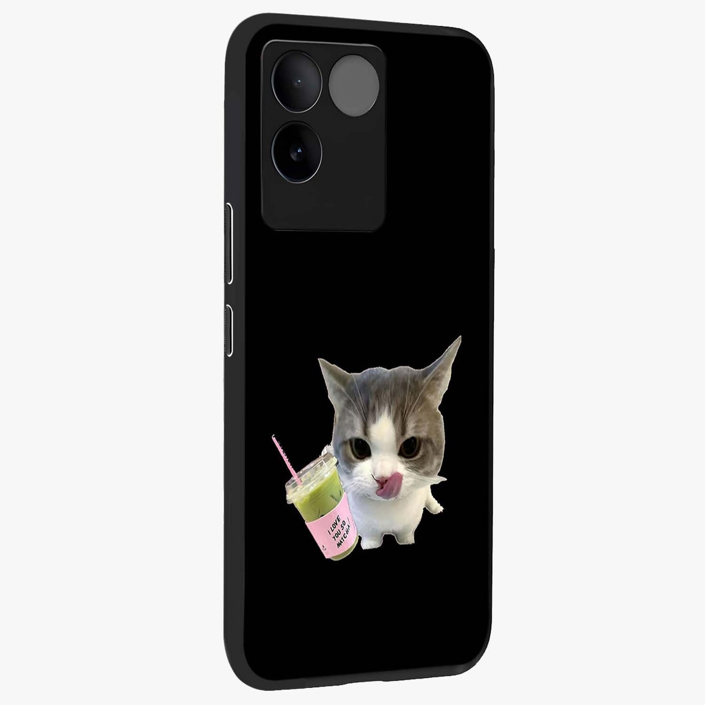 Matcha Cat Style Glass Case upright view showcasing charming cat artwork with cozy aesthetic theme.