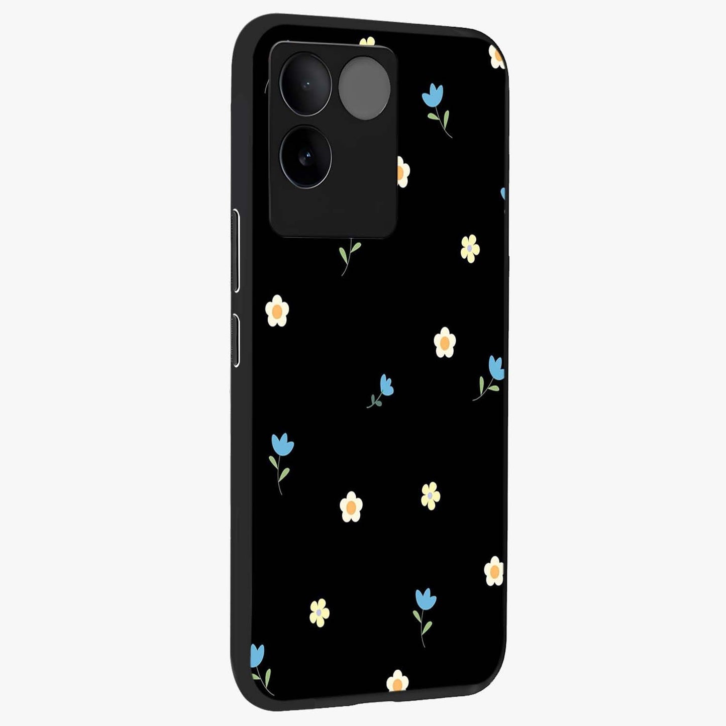 Minimal Petal Whispers Glass Case upright view showcasing elegant floral artwork with modern minimalist style.