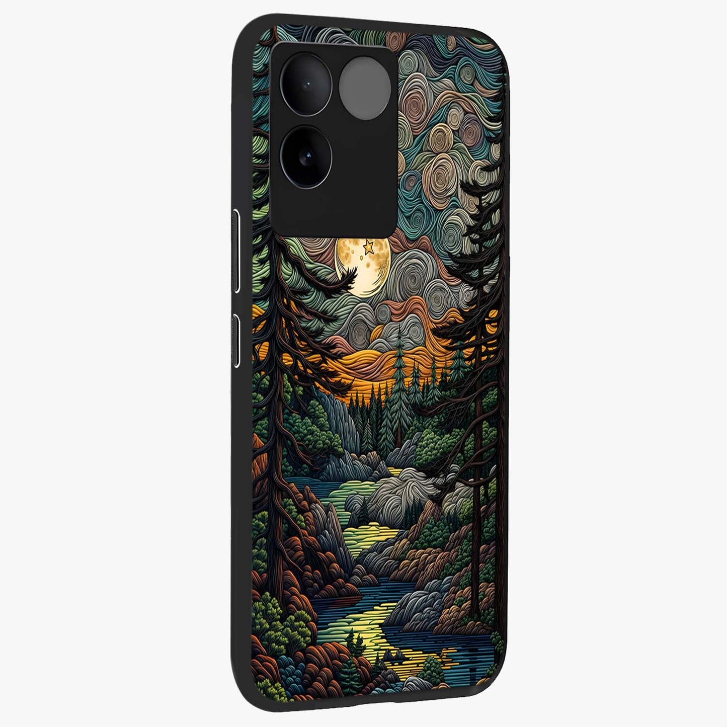 Moonlight Forest Dream Glass Case upright view showcasing magical forest artwork with calm night theme.