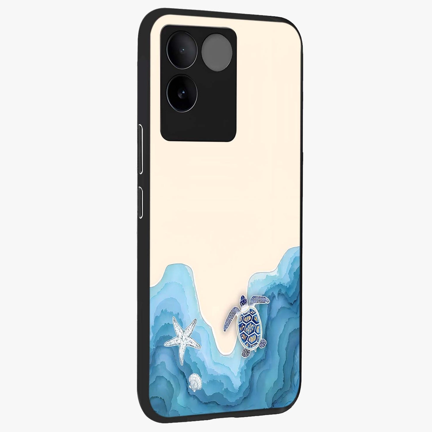 Ocean Drift Turtle Glass Case upright view showcasing calm underwater turtle artwork with nature inspired theme.