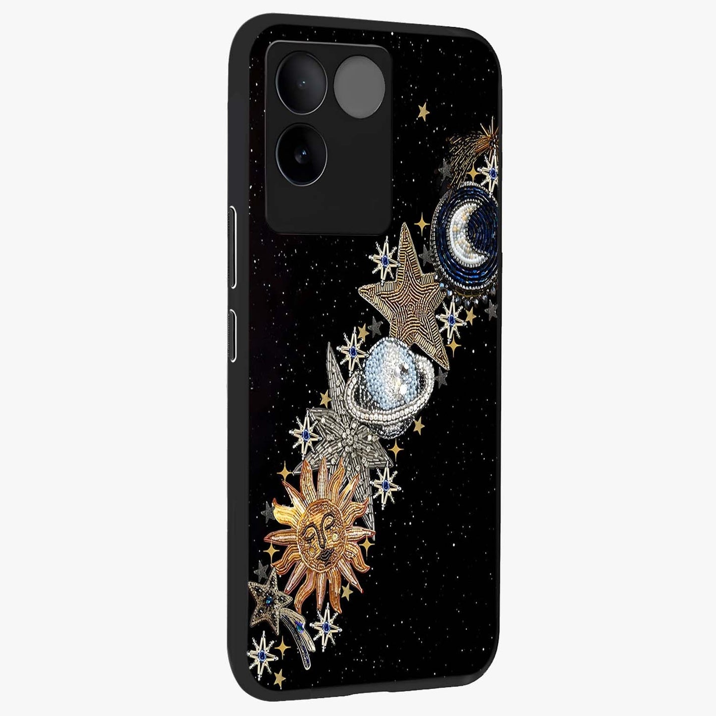 Pearls Universe Object Glass Case upright view showcasing decorative pearl themed artwork with cosmic elegance.