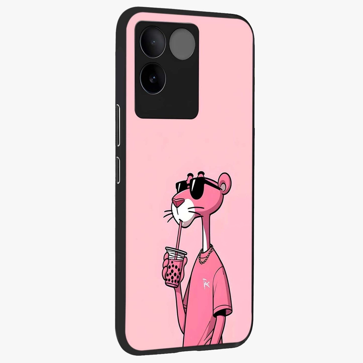 Pink Panther Glass Case upright view showcasing fun animated artwork with stylish retro cartoon theme.