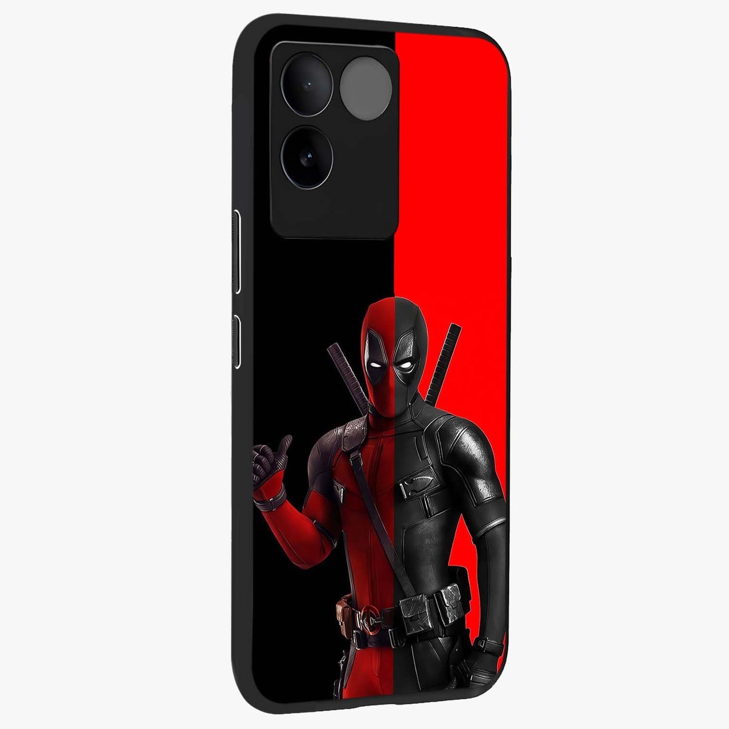 Red & Black Deadpool Theme Glass Case upright view showcasing energetic comic themed artwork with striking red and black design.