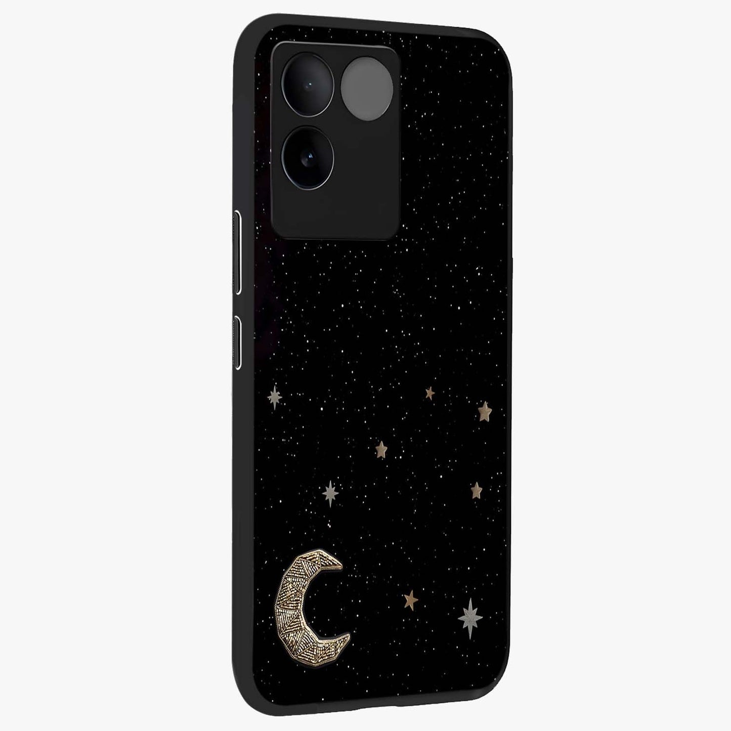 Twinkle Star With Half Moon Glass Case upright view showcasing glowing cosmic artwork with dreamy night theme.