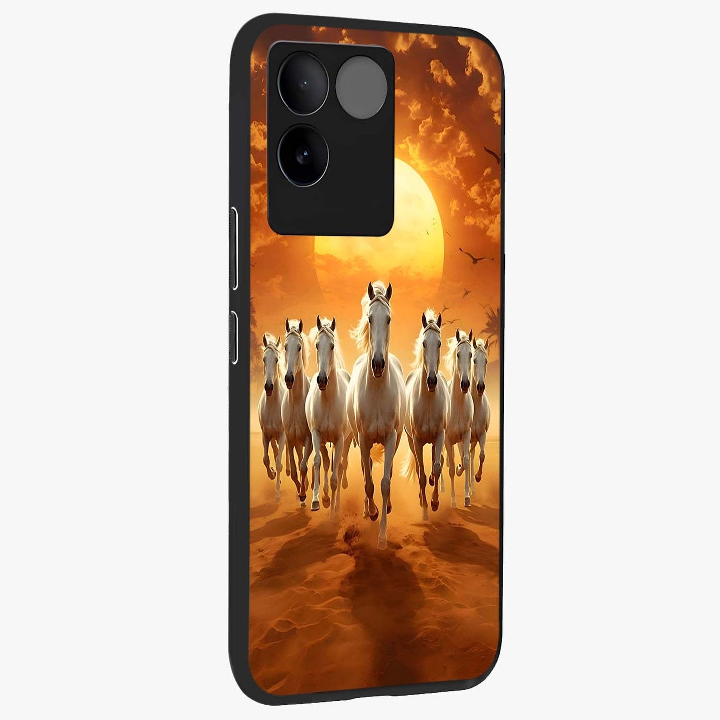 Wild Sunset Majesty Glass Case upright view showcasing dramatic sunset artwork with bold nature theme.