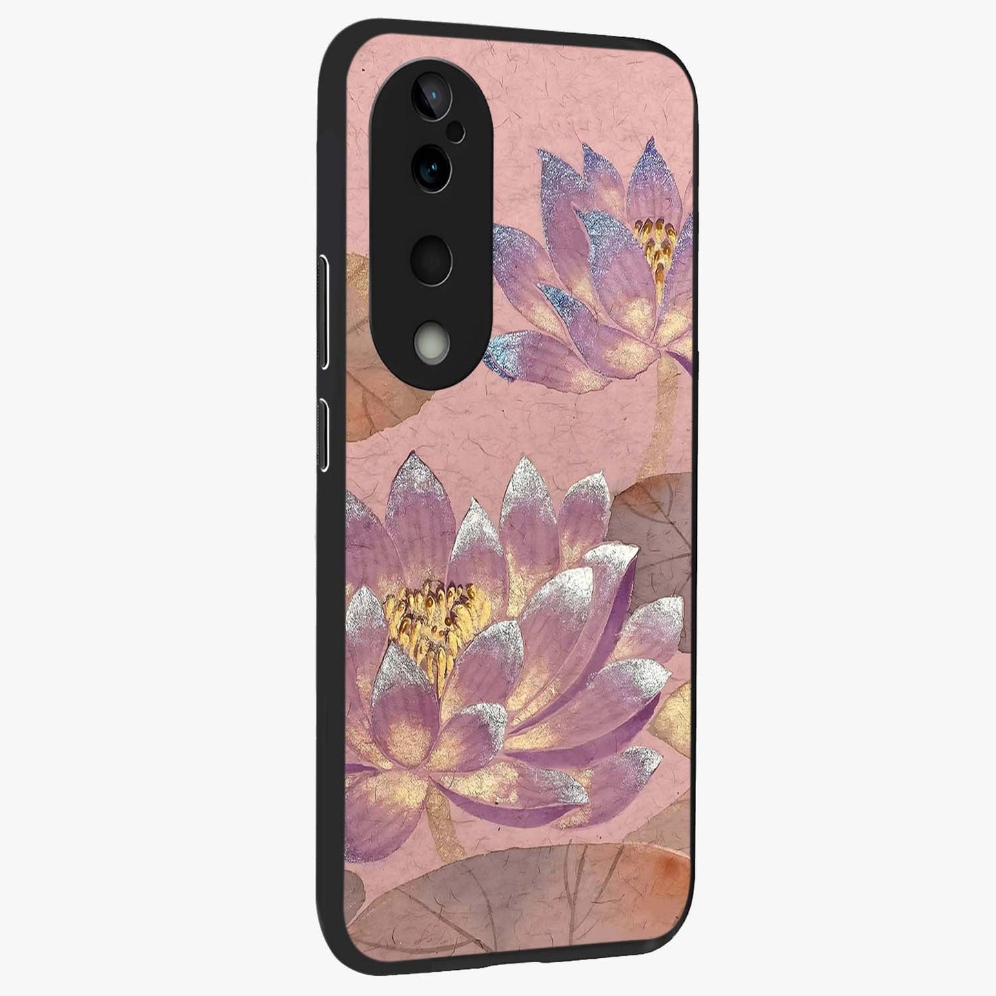 Blossom Mist Lotus Glass Case upright view showcasing graceful lotus flower design with peaceful botanical style.