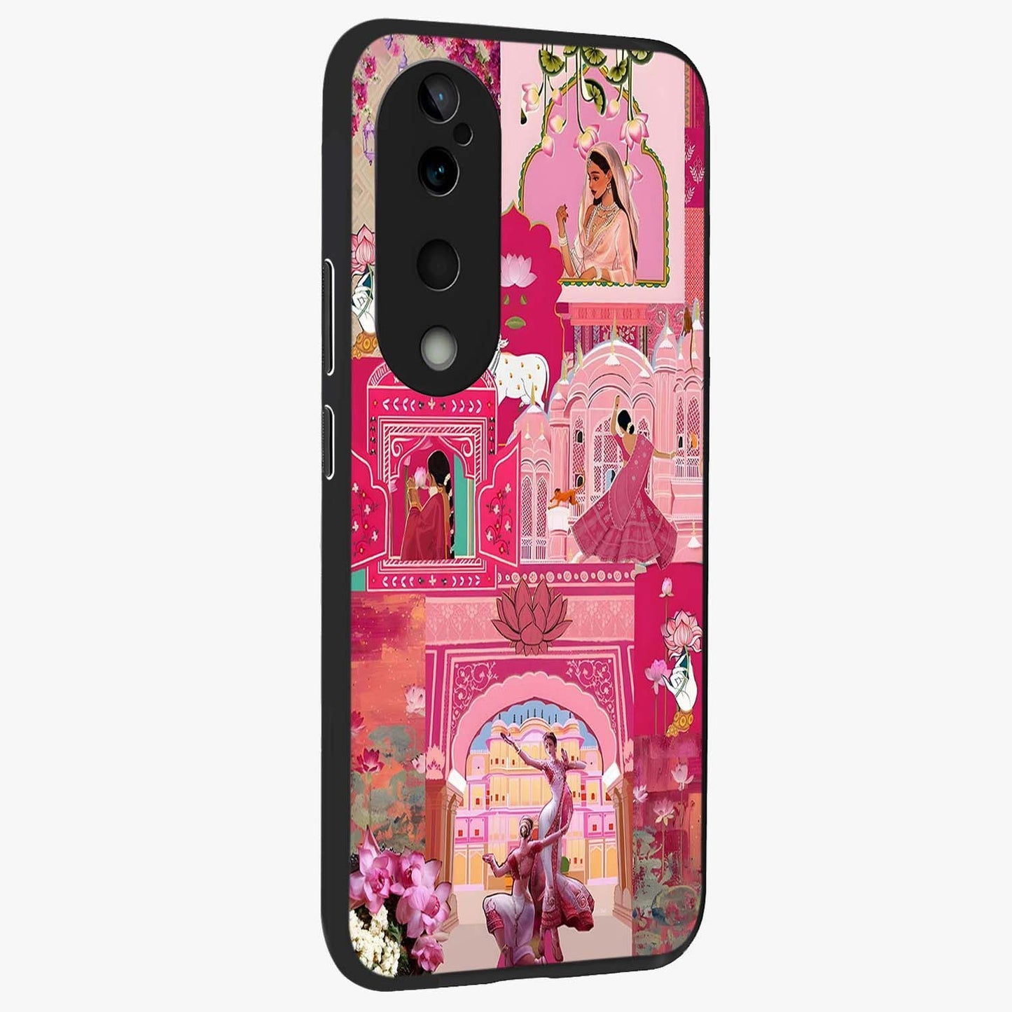 Blossoms of Rajasthan Glass Case upright view showcasing colorful floral design inspired by traditional Indian art.