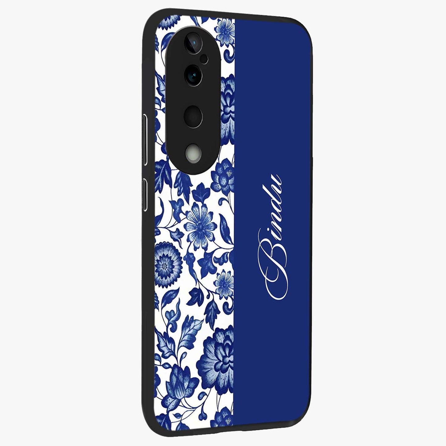 Blue Vintage Floral Pattern Glass Case upright view showcasing delicate blush floral texture with modern minimal style.