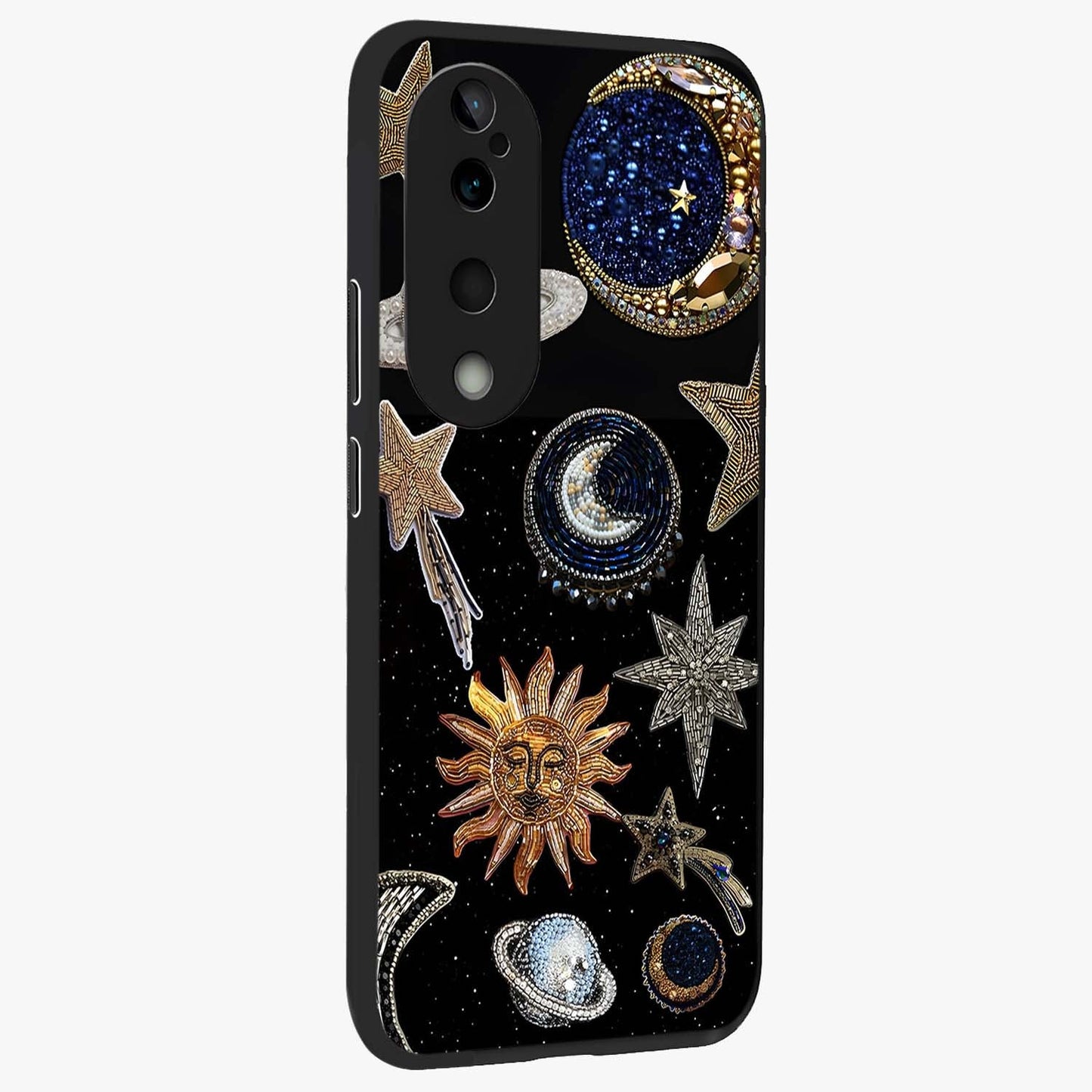 Celestial Gem Constellations Glass Case upright view showcasing cosmic constellation artwork with celestial aesthetic style.