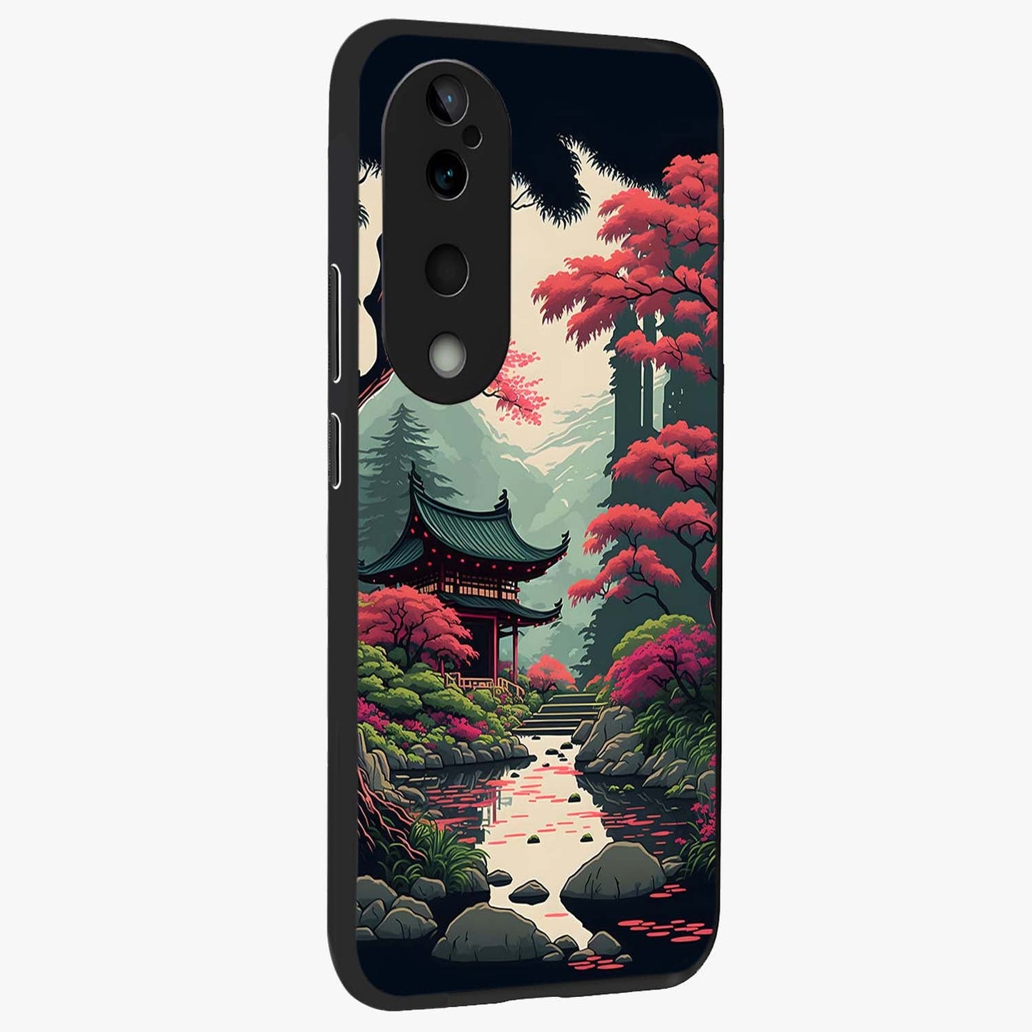 Crimson Temple View Glass Case upright view showcasing architectural temple artwork with dramatic crimson theme.