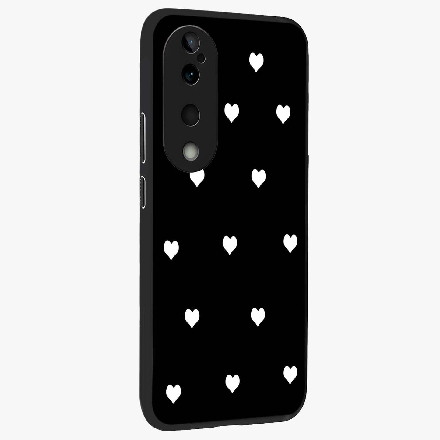 Cute And Simple White Hearts Glass Case upright view showcasing simple white hearts artwork with soft minimal theme.