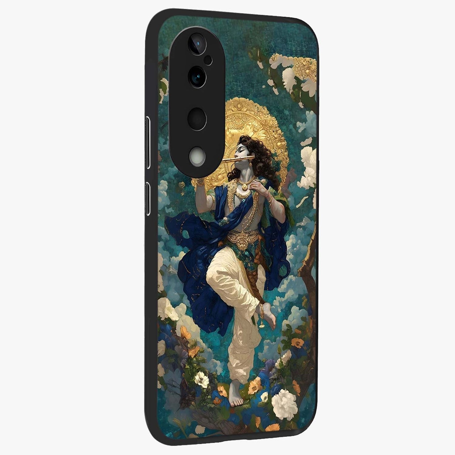 Divine Krishna Art Glass Case upright view showcasing divine Krishna artwork with sacred artistic theme.