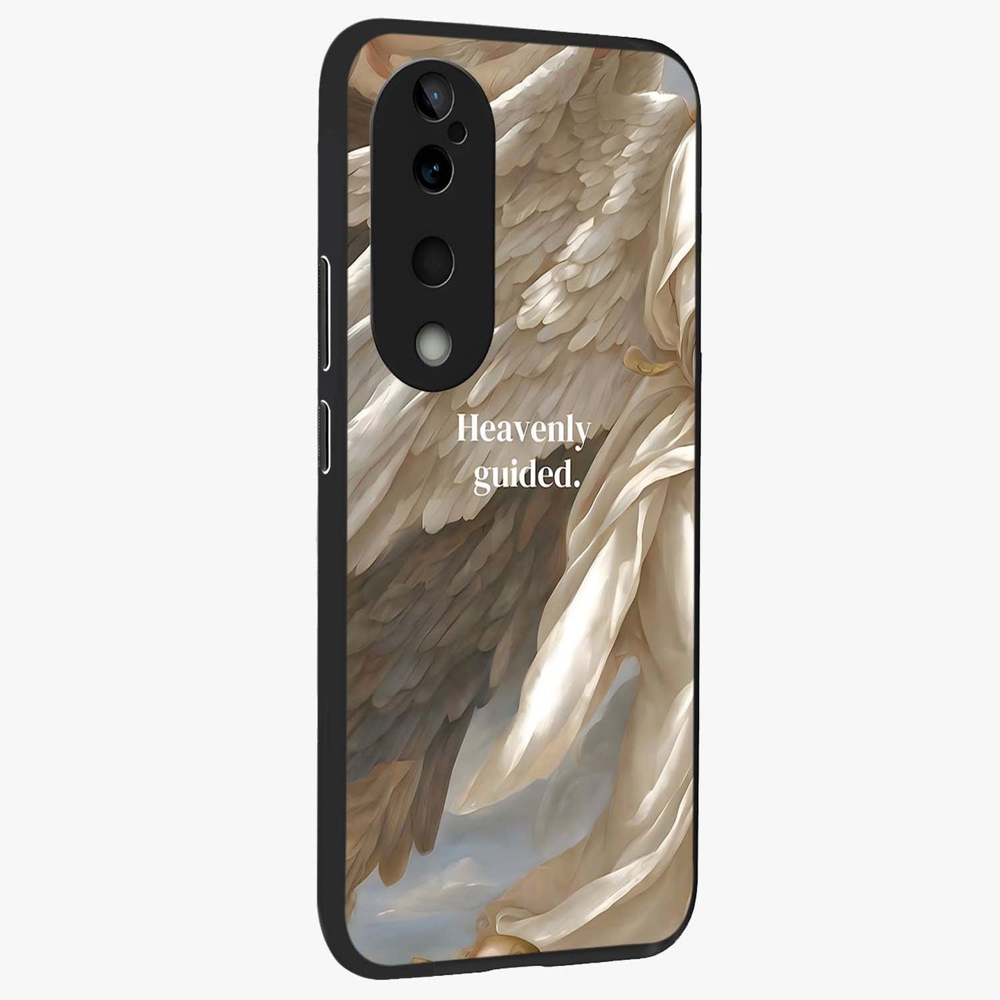 Divine Winged Grace Glass Case upright view showcasing spiritual wing artwork with soft celestial theme.