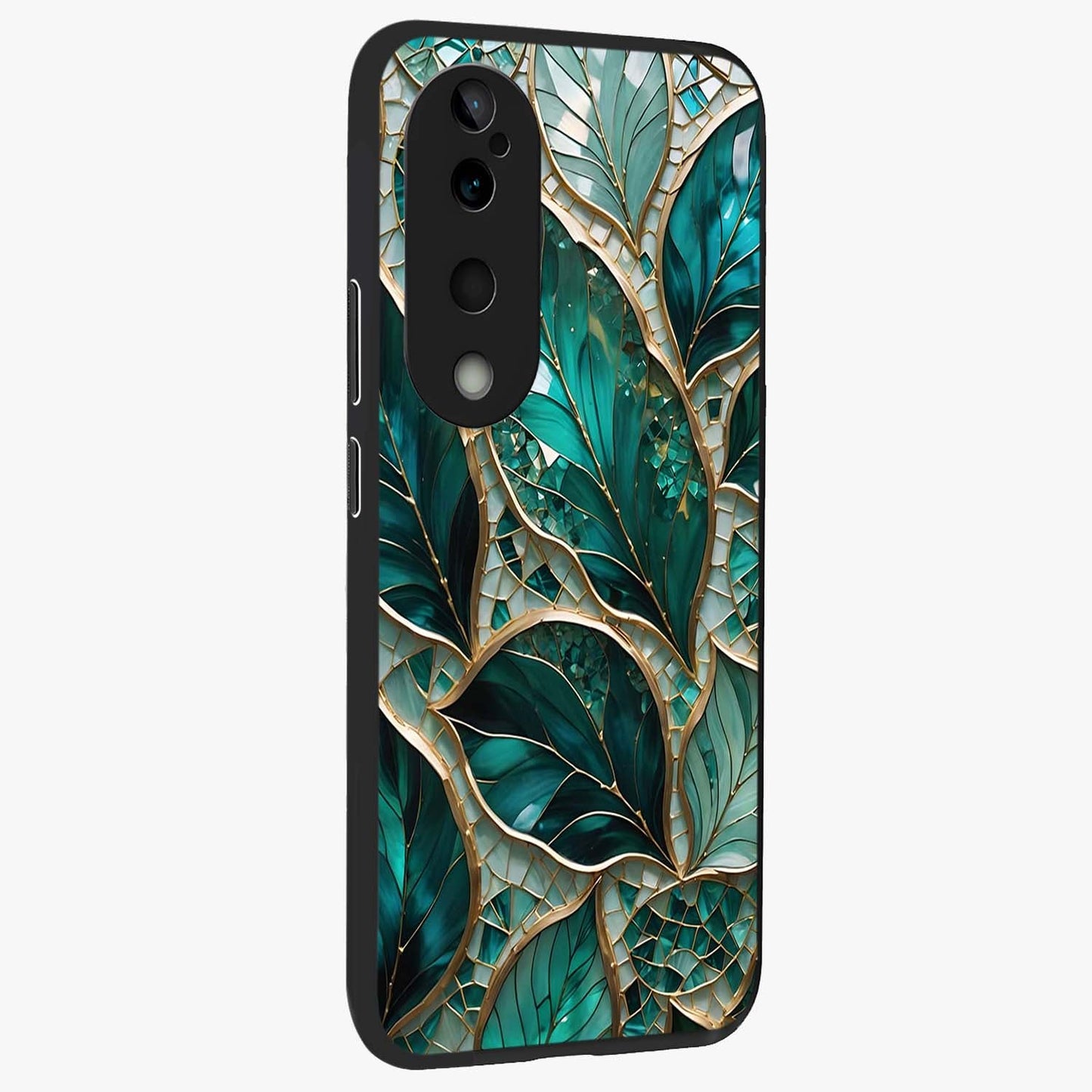 Emerald Leaf Glass Glass Case upright view showcasing fresh green leaf artwork with calming nature inspired style.