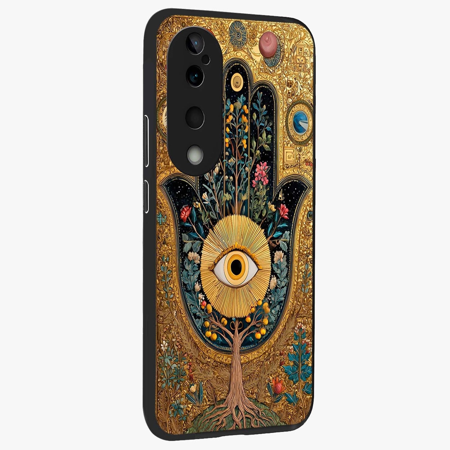Ethereal Evil Eye Glass Case upright view showcasing celestial evil eye artwork with mystical theme.
