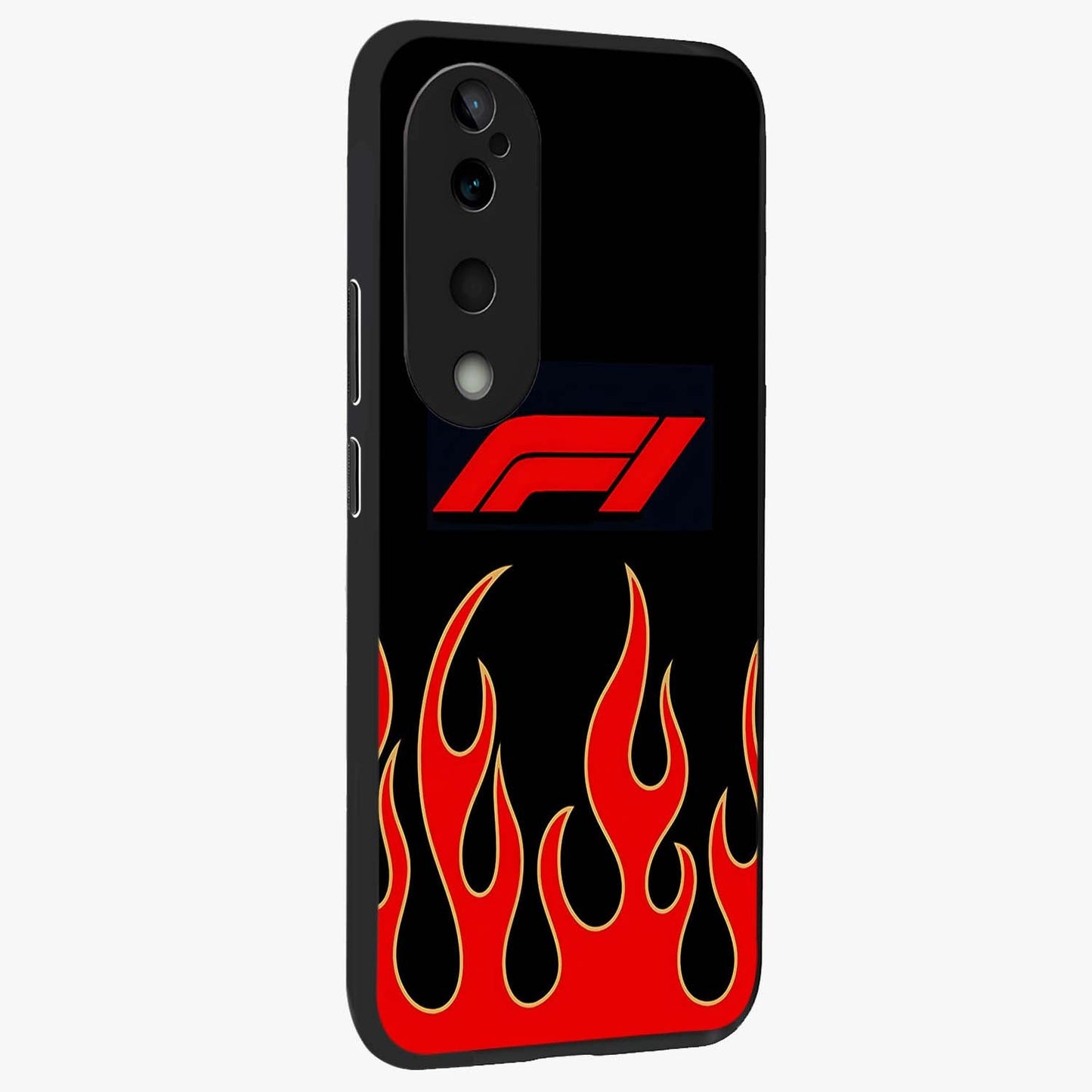 Fire F11 Glass Case upright view showcasing dynamic flame artwork with intense visual theme.