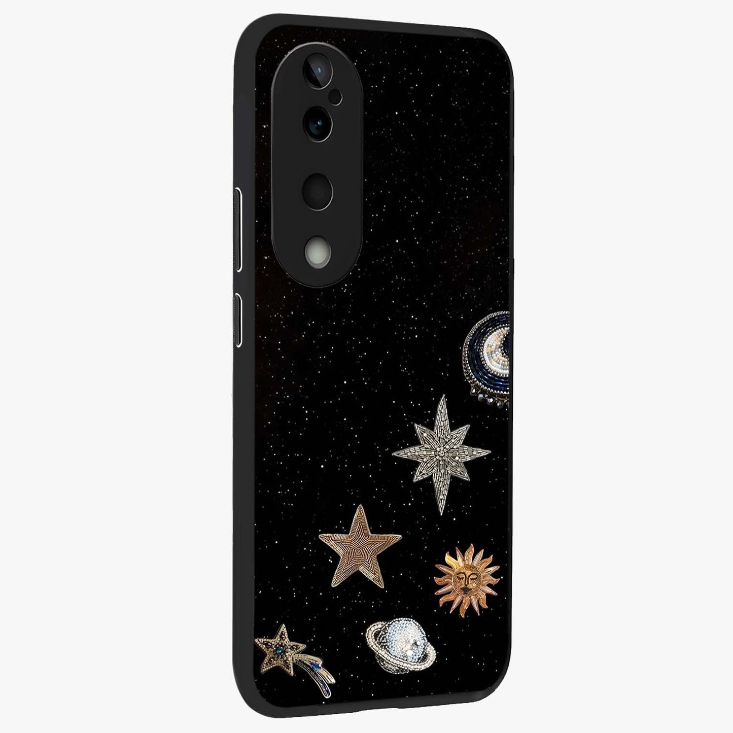 Galactic Charm Glow Glass Case upright view showcasing glowing cosmic charm artwork with magical celestial style.