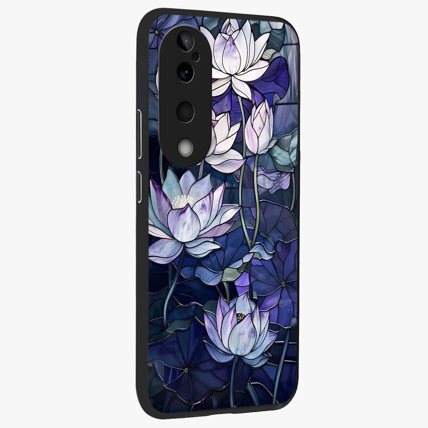 Gloss Petal Rush Glass Case upright view showcasing dynamic floral petal artwork with modern botanical theme.