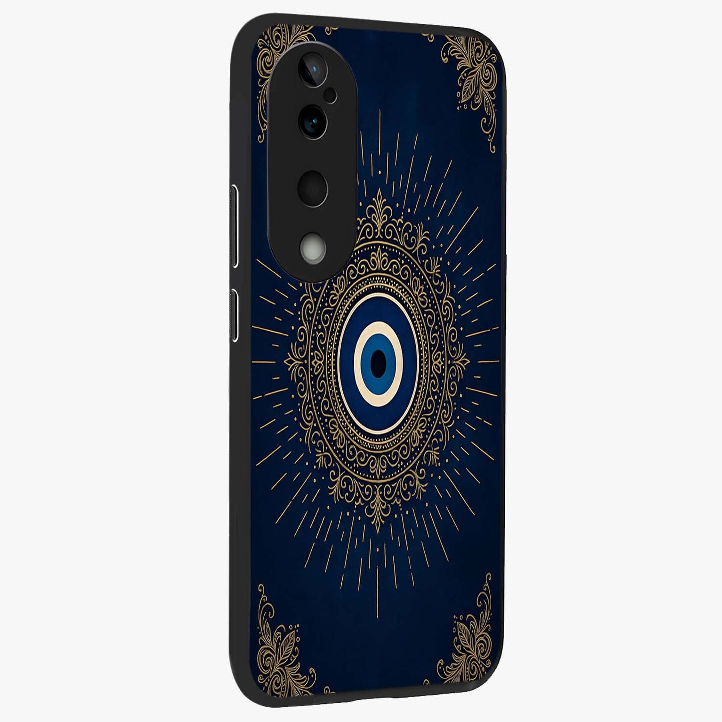 Golden Celestial Charm Glass Case upright view showcasing radiant celestial artwork with elegant golden theme.