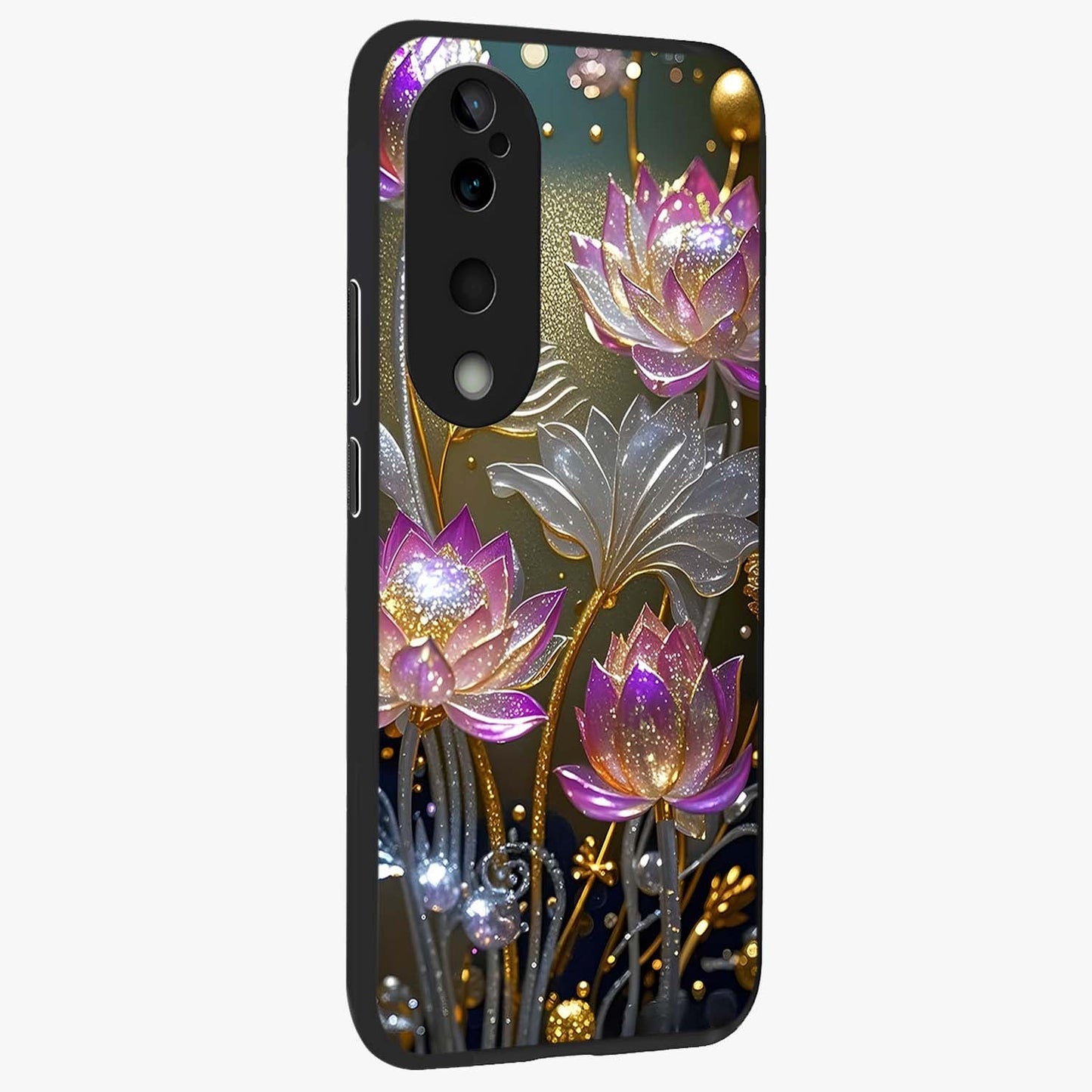 Golden Floral Majesty Glass Case upright view showcasing majestic floral artwork with rich decorative theme.