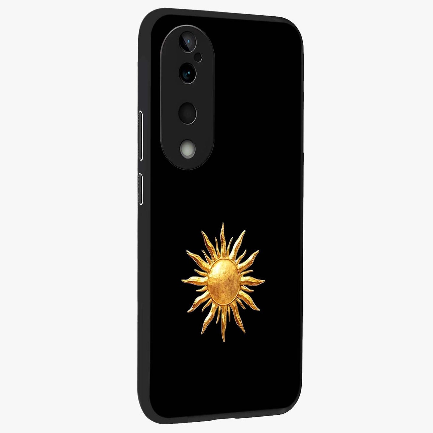 Golden Sun Minimalism Glass Case upright view showcasing haunting graveyard artwork with dramatic dark theme.