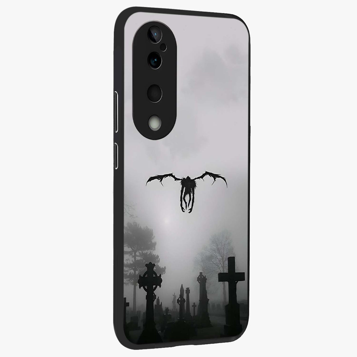 Graveyard Shadow Descent Glass Case upright view showcasing haunting graveyard artwork with dramatic dark theme.