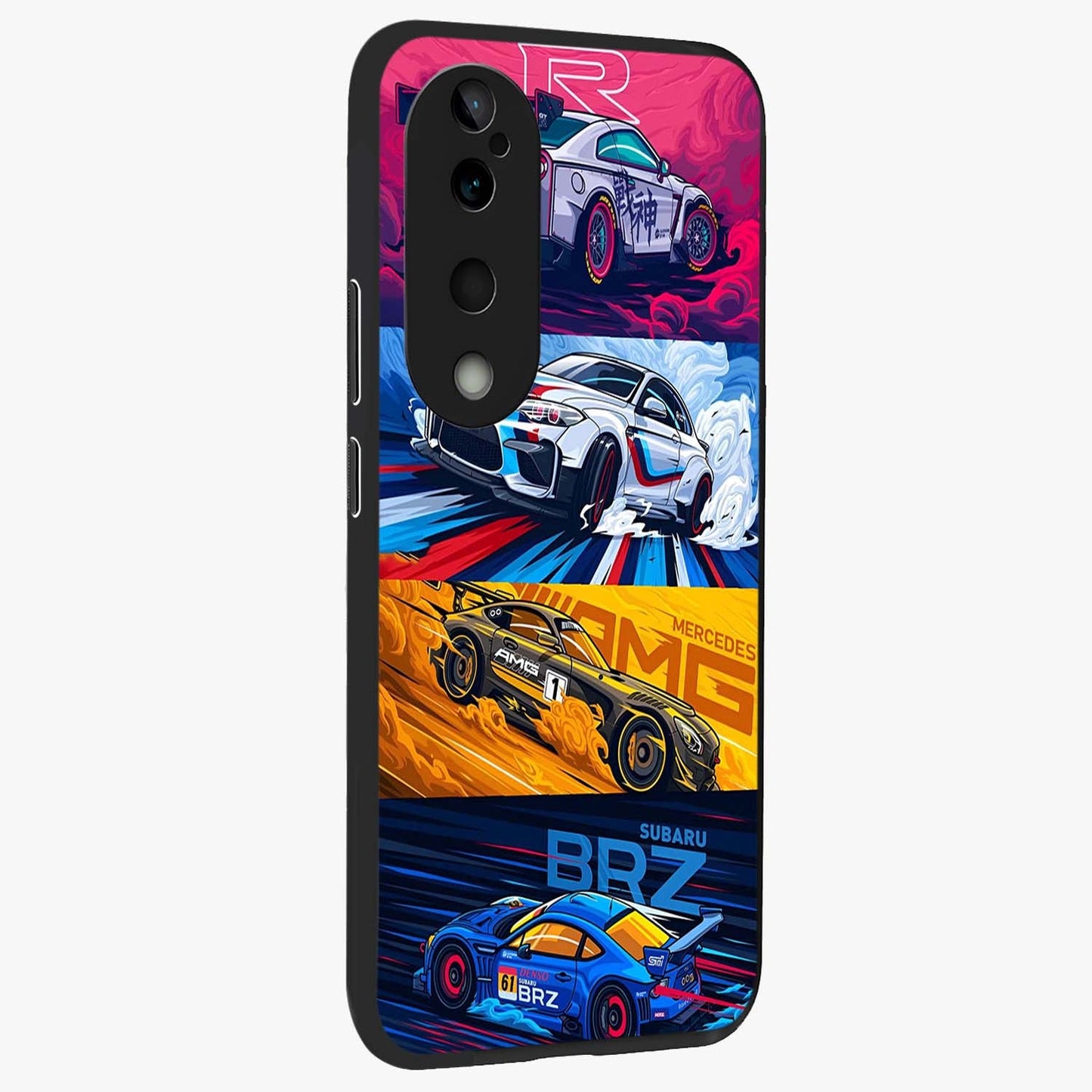 JDM Sports Car Glass Case upright view showcasing dynamic sports car artwork with bold racing theme.