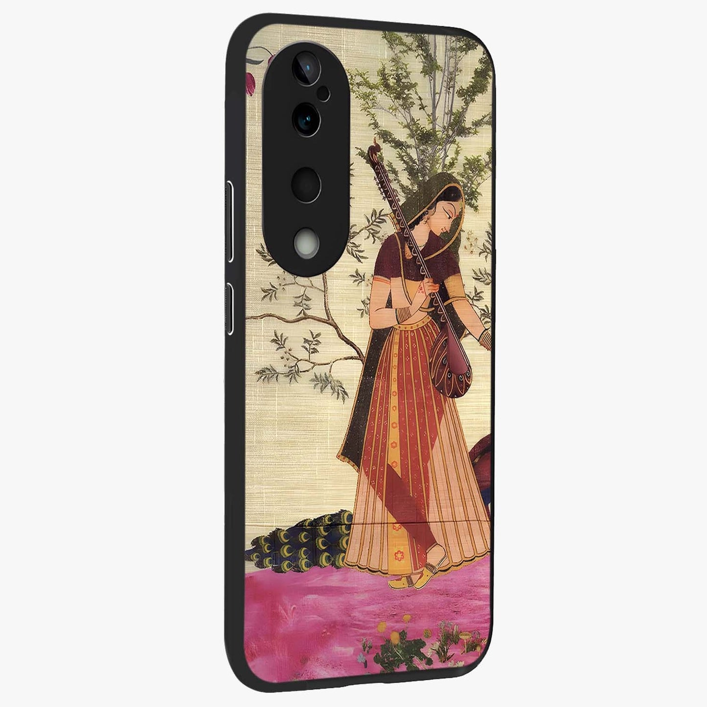Lady With Veena Art Glass Case upright view showcasing classical veena artwork with traditional artistic theme.