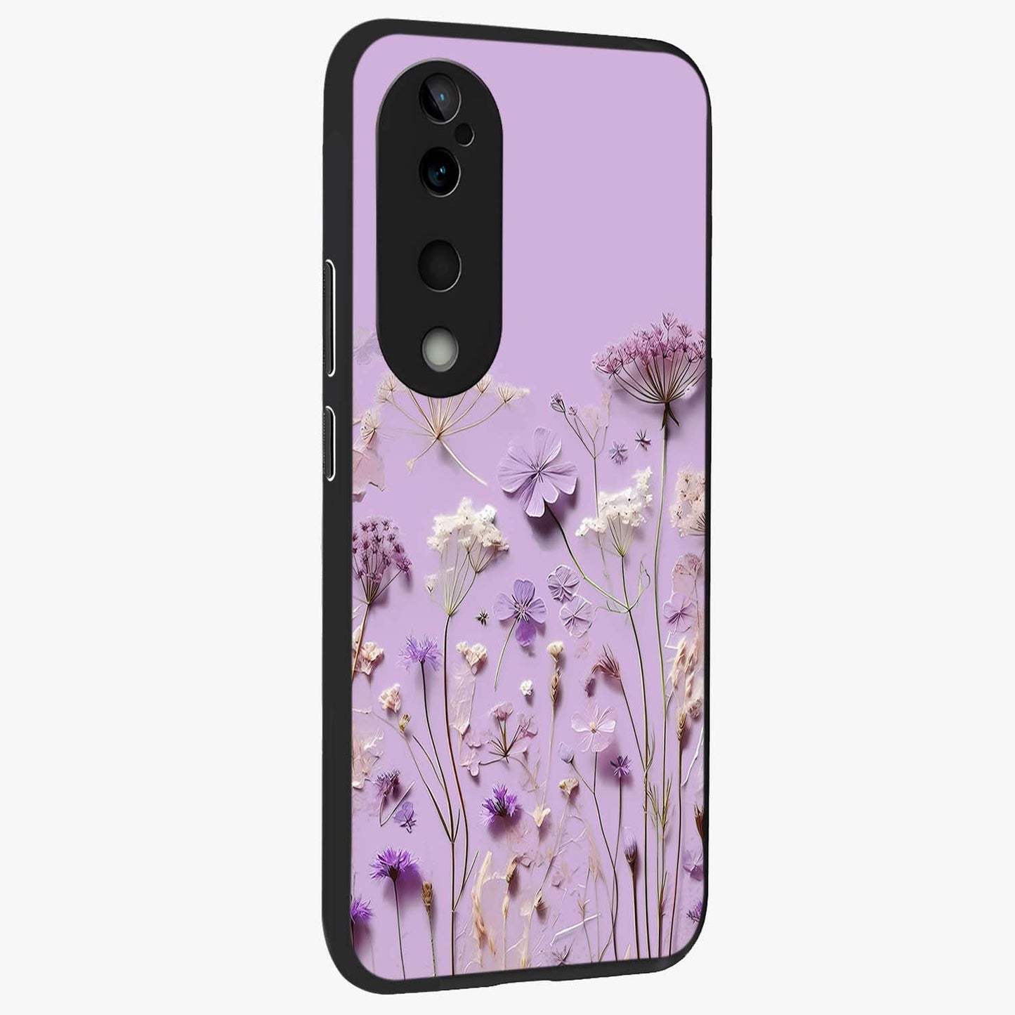 Lavender Blossom Dream Glass Case upright view showcasing delicate lavender blossom artwork with peaceful floral theme.