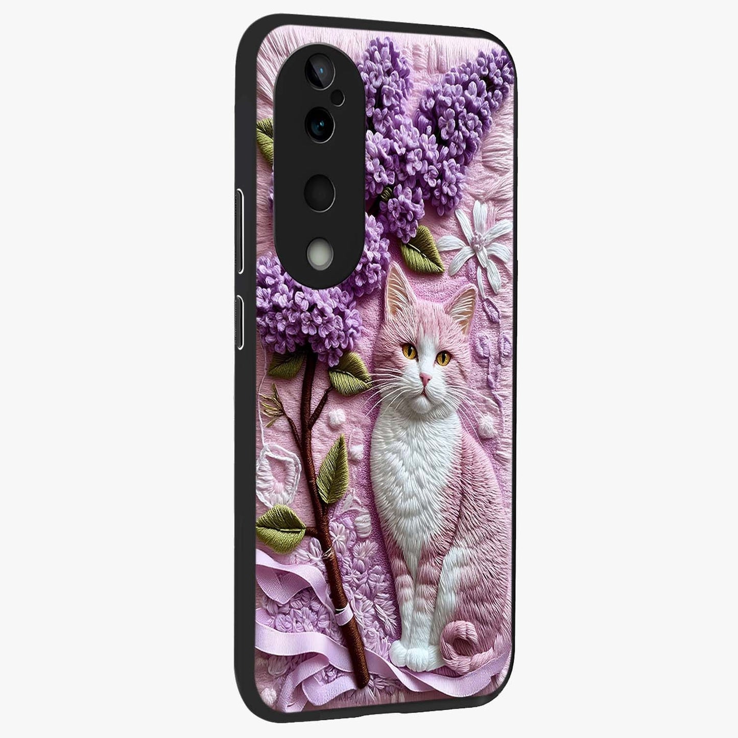 Lavender Cat Whimsy Glass Case upright view showcasing charming cat artwork with whimsical lavender theme.