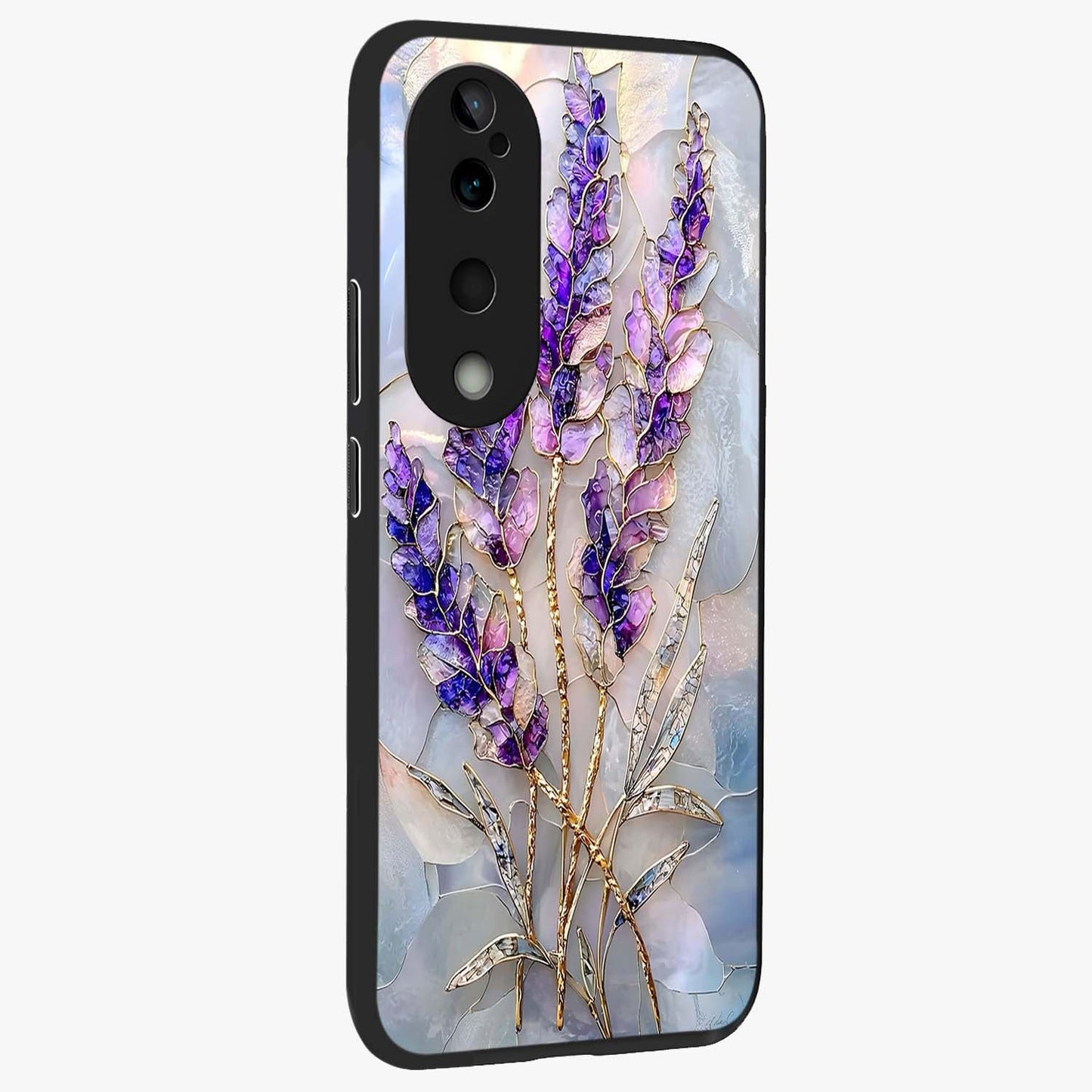 Lavender Dream Glow Glass Case upright view showcasing radiant lavender glow artwork with calming dreamy theme.