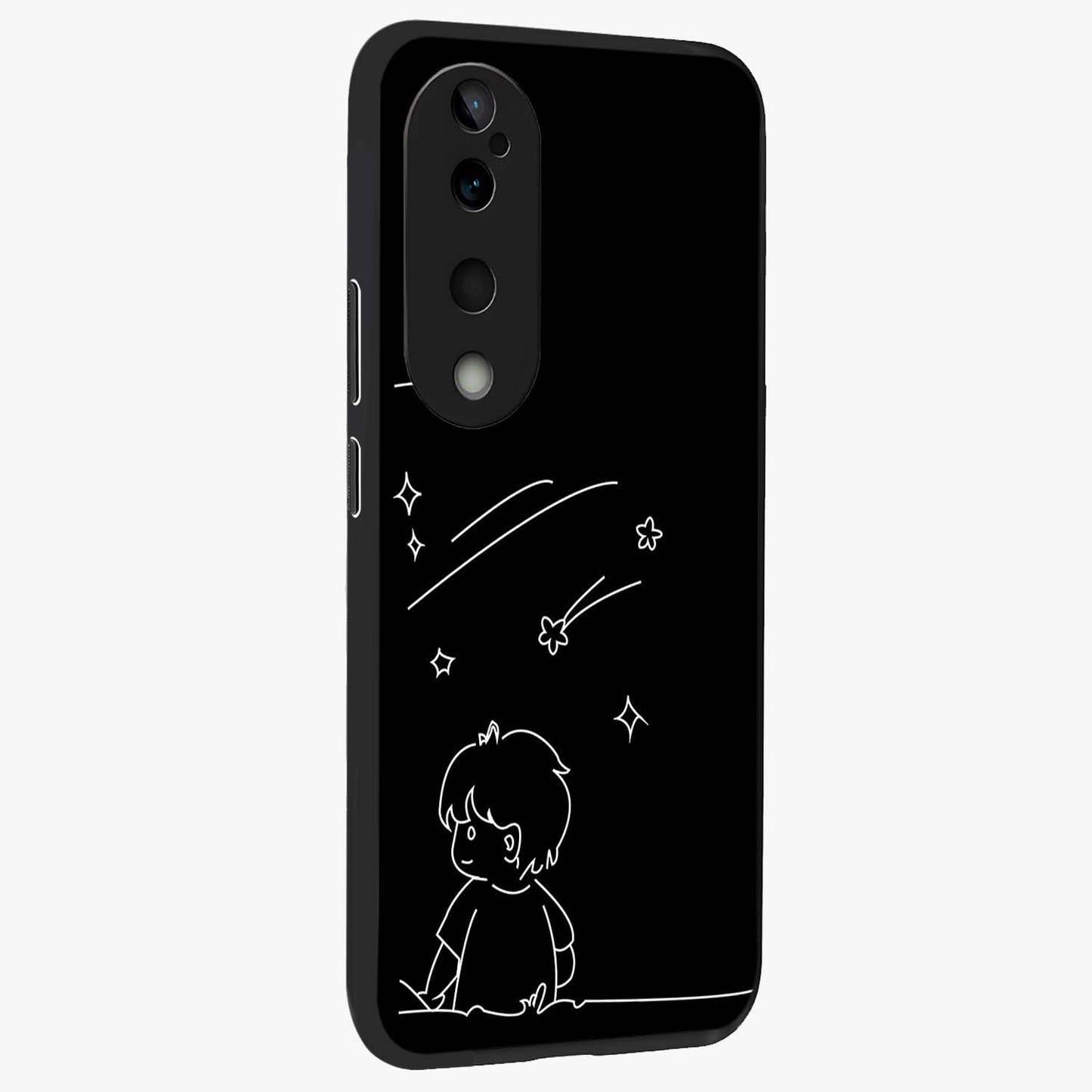 Line Art Boy With Shooting Stars Glass Case upright view showcasing artistic shooting star illustration with minimal style.