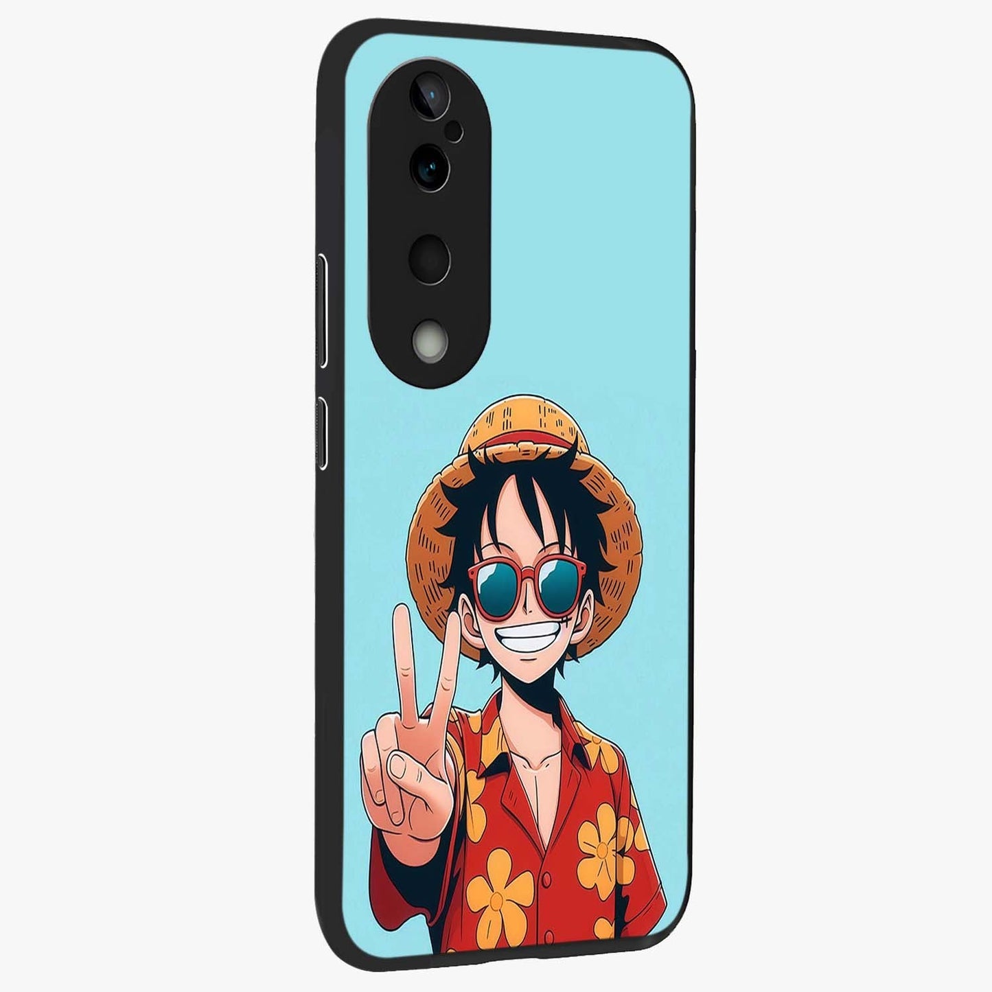 Luffy Summer Anime Vibe Glass Case upright view showcasing dynamic anime artwork with bright adventurous theme.