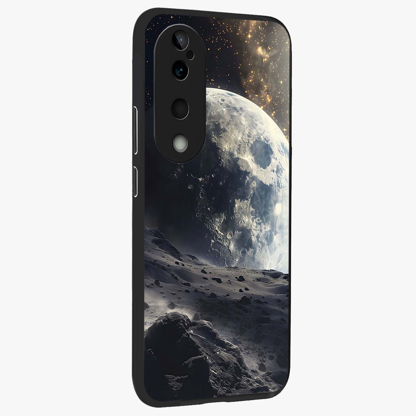 Lunar Horizon Glow Glass Case upright view showcasing radiant lunar artwork with calm cosmic theme.