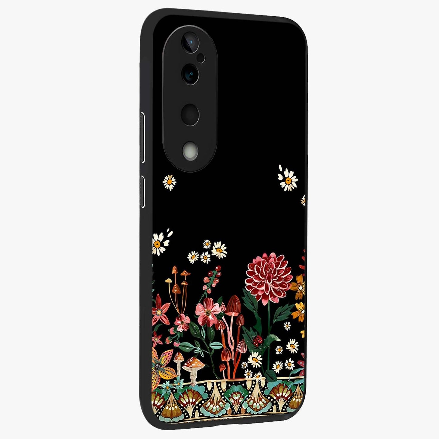 Midnight Bloom Pattern Glass Case upright view showcasing decorative floral artwork with deep night themed palette.