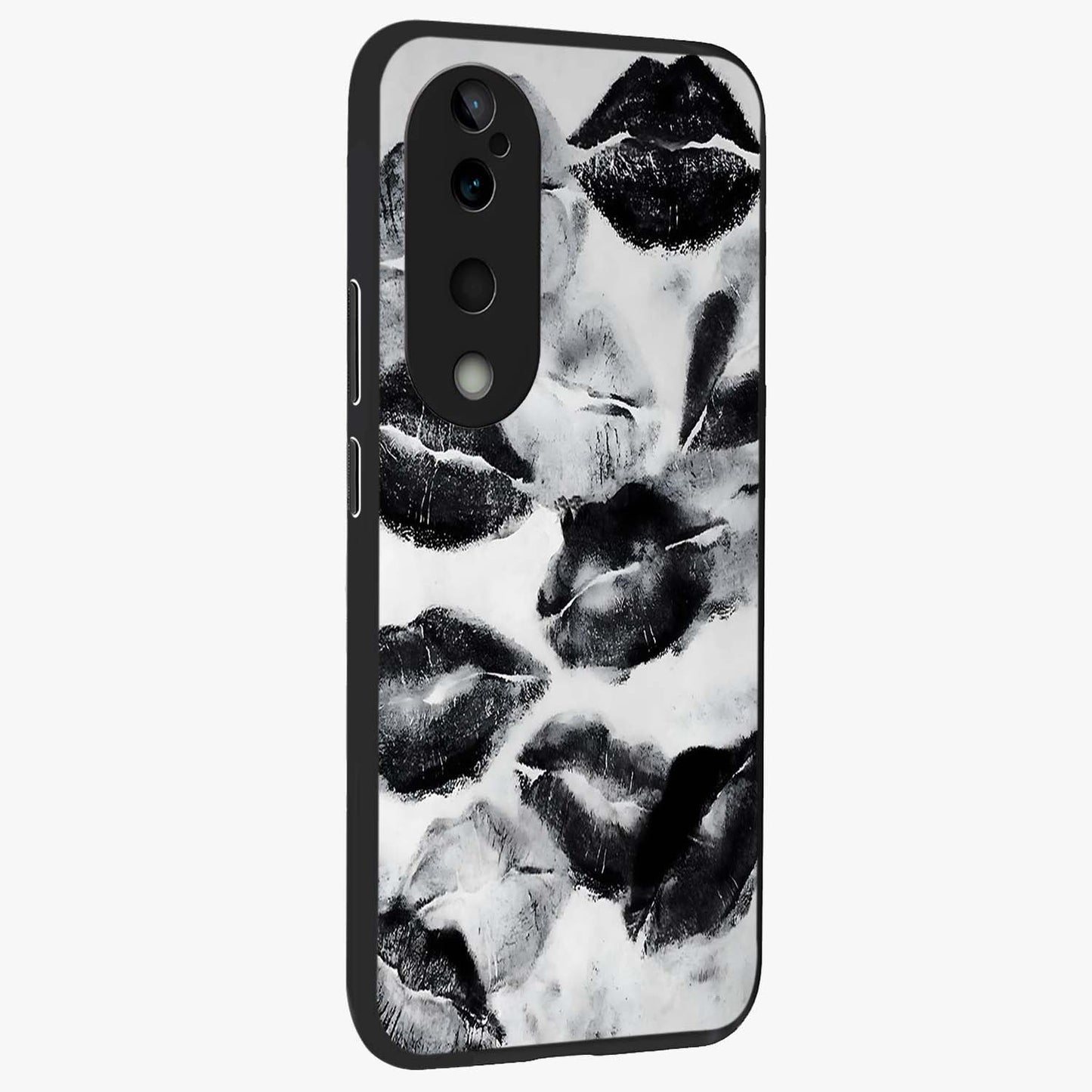 Midnight Kiss Marks Glass Case upright view showcasing stylish kiss mark artwork with trendy romantic theme.