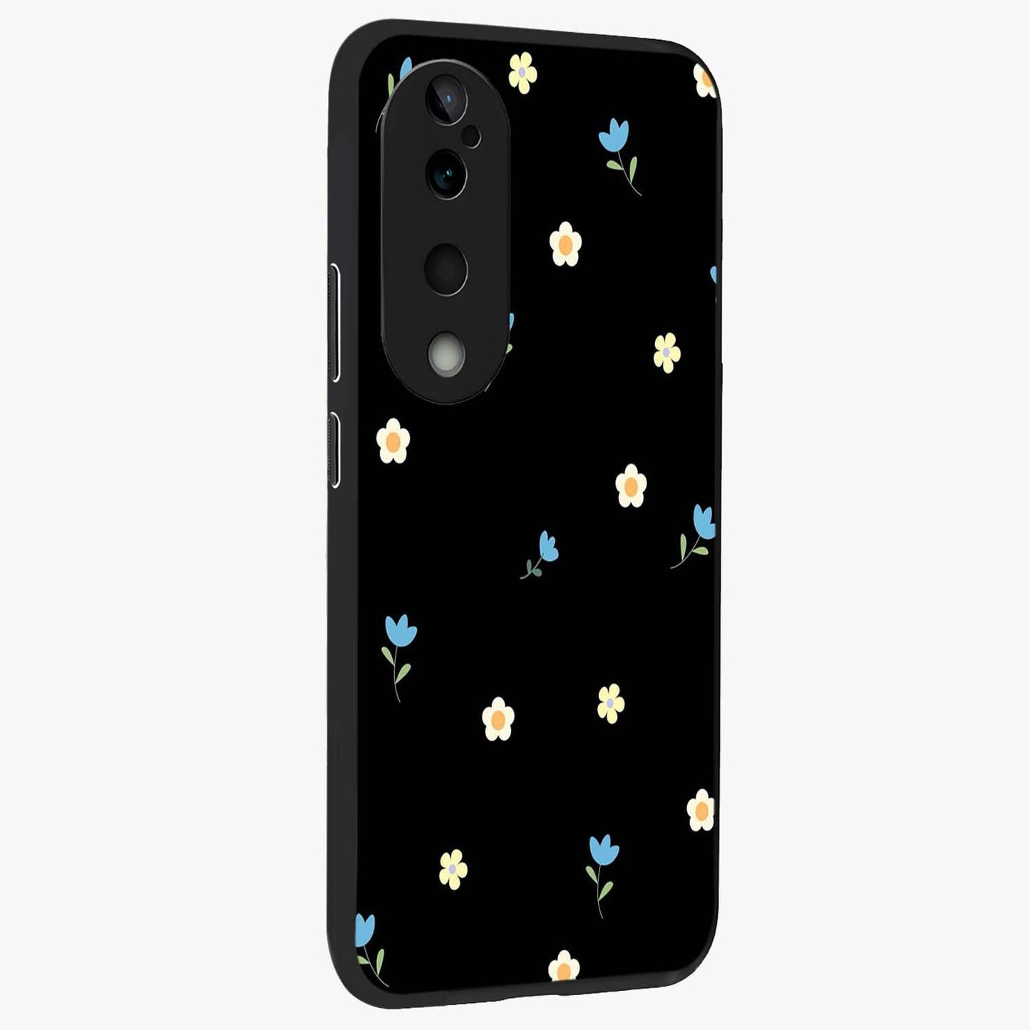 Minimal Petal Whispers Glass Case upright view showcasing elegant floral artwork with modern minimalist style.