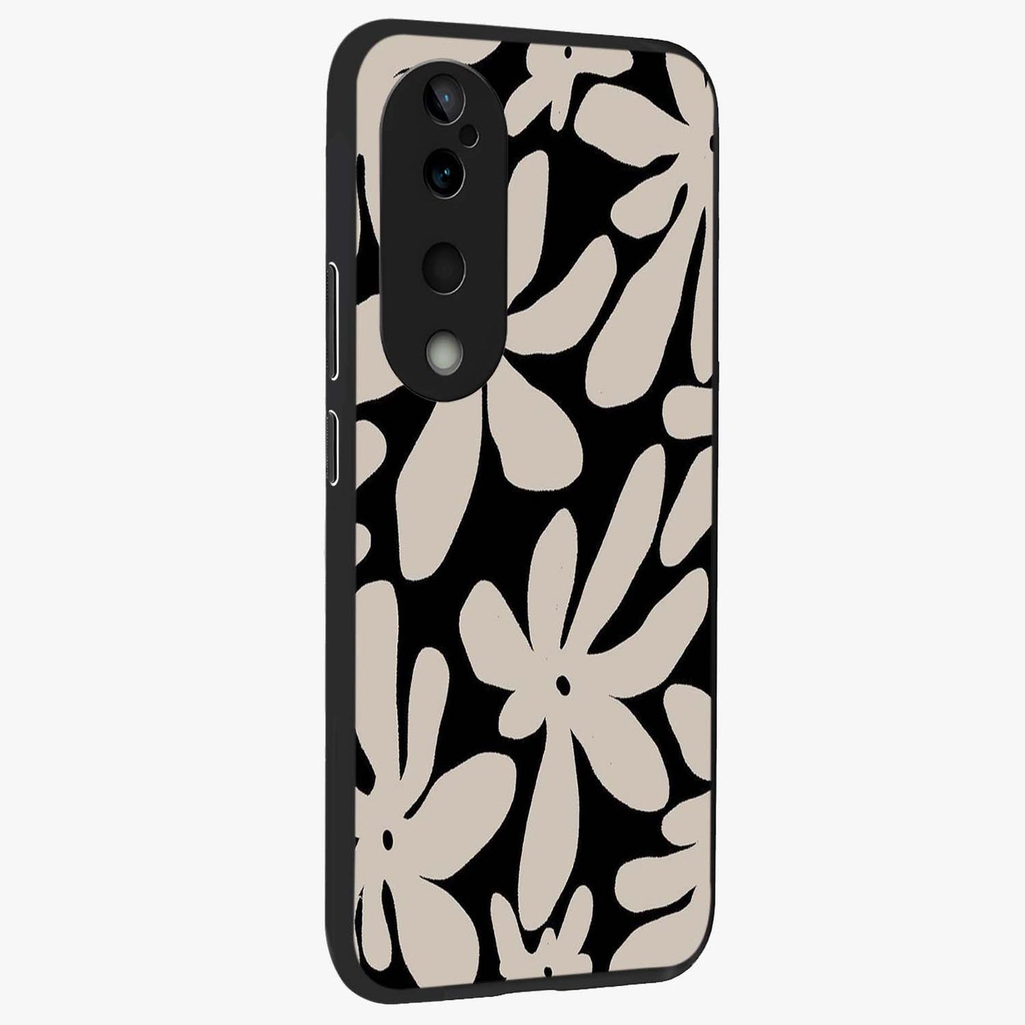 Monochrome Petal Dance Glass Case upright view showcasing artistic floral pattern with stylish monochrome theme.