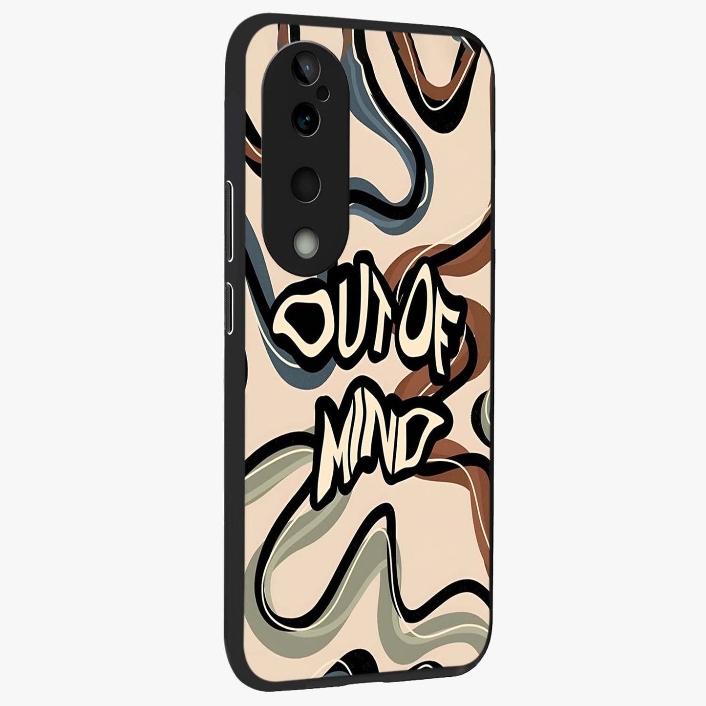 Out Of Mind Glass Case upright view showcasing striking typography artwork with edgy conceptual theme.