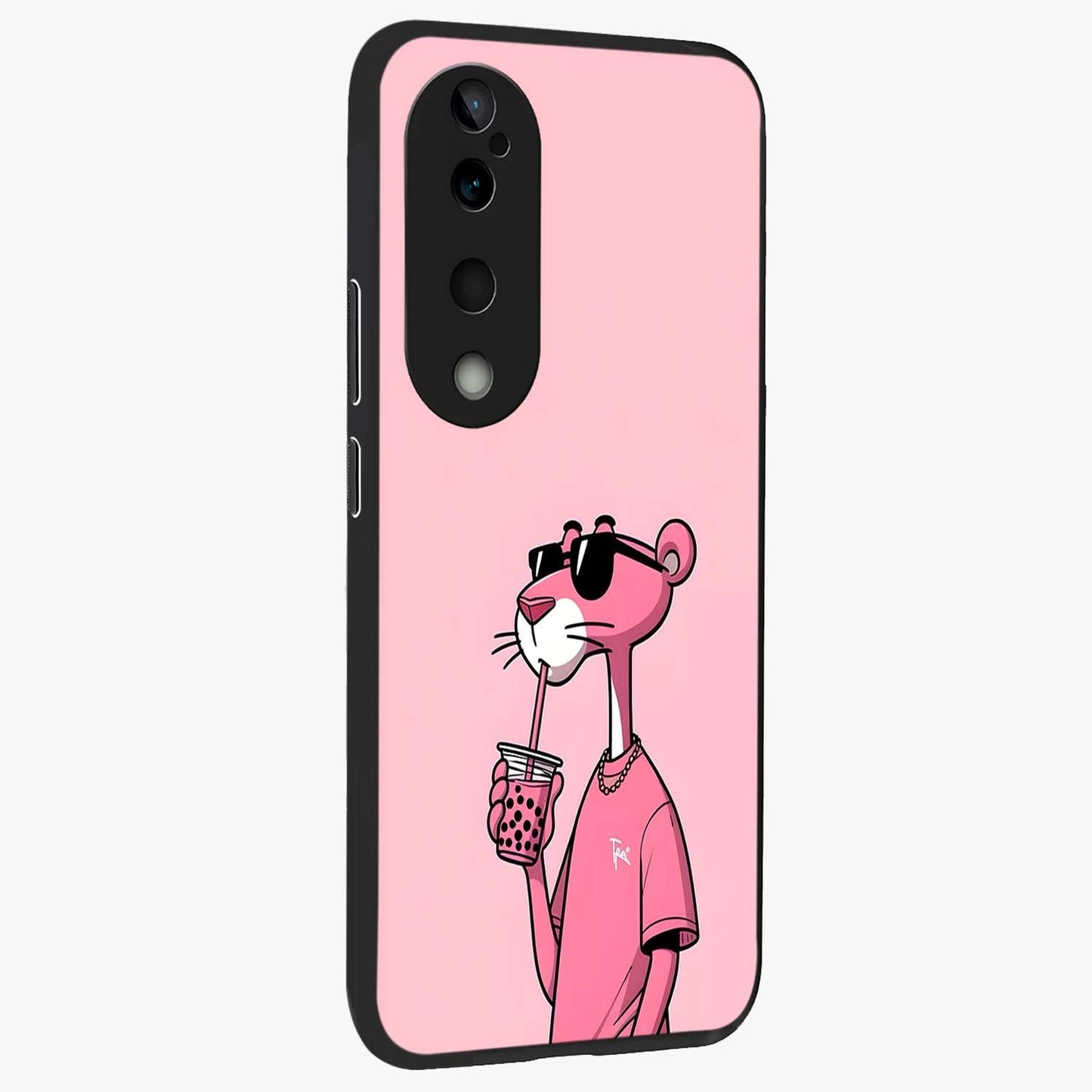 Pink Panther Glass Case upright view showcasing fun animated artwork with stylish retro cartoon theme.