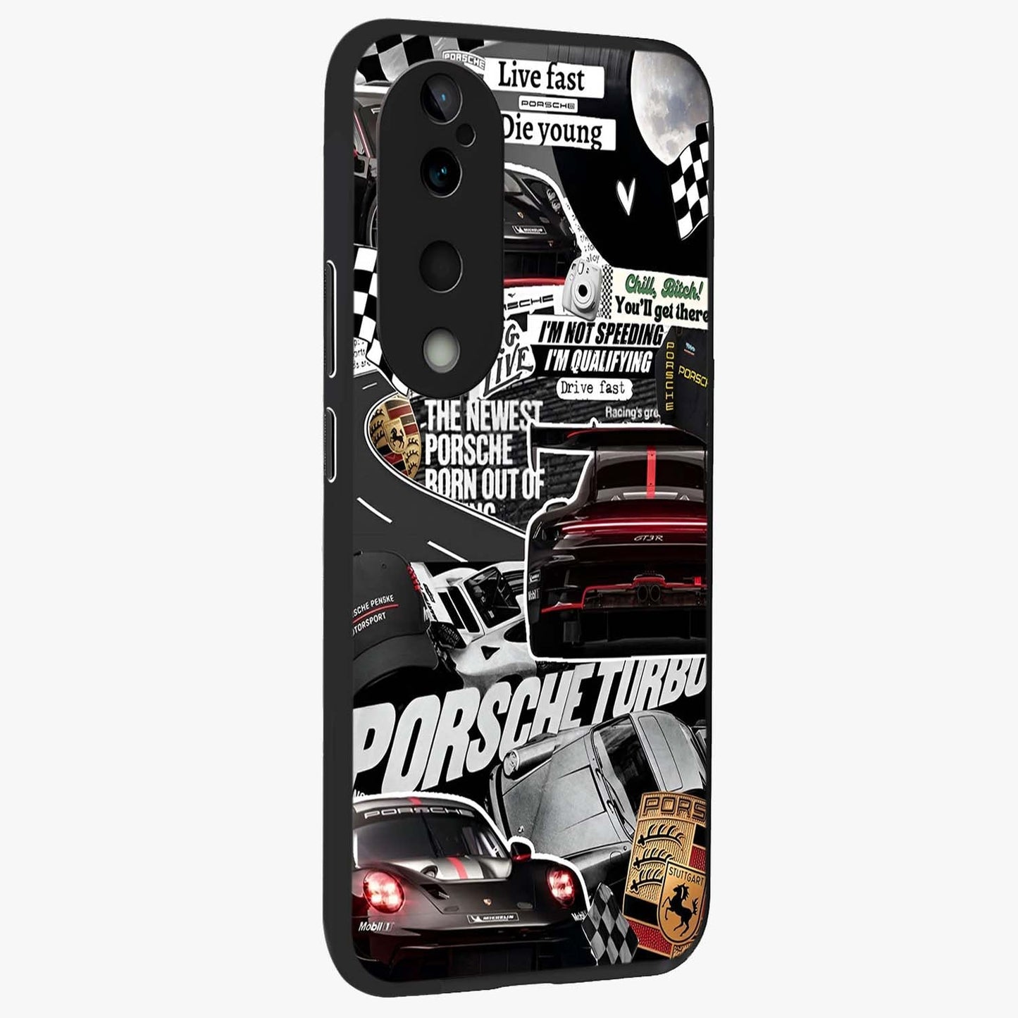 Porsche Racing Collage Glass Case upright view showcasing energetic car collage artwork with high speed racing theme.