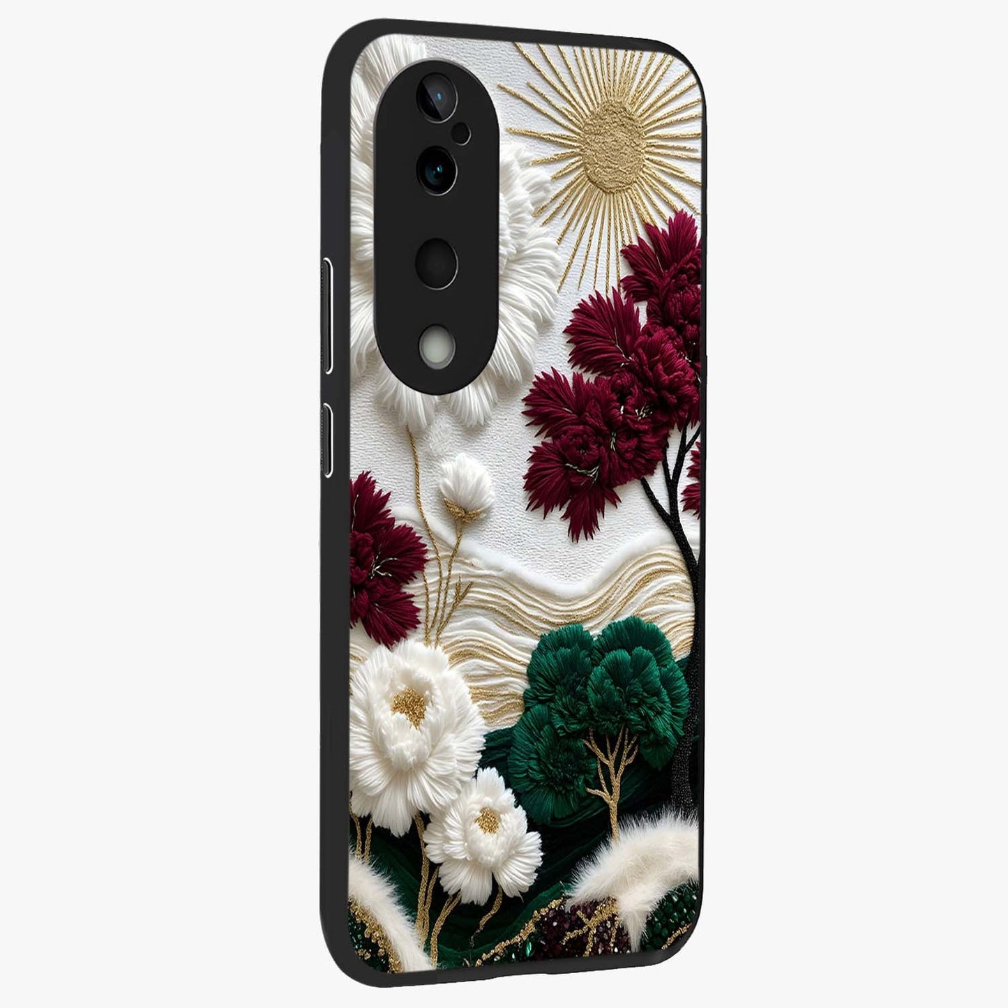 Radiant Bloom Elegance Glass Case upright view showcasing decorative flower artwork with refined botanical theme.