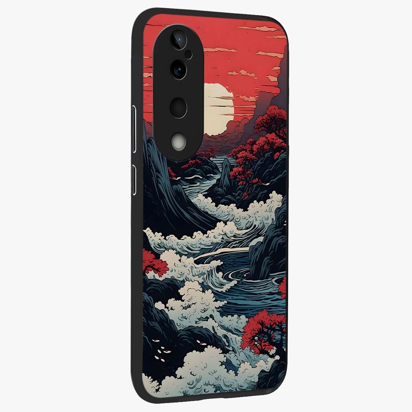 Red Sunset Scenery Glass Case upright view showcasing dramatic sunset scenery artwork with warm nature theme.